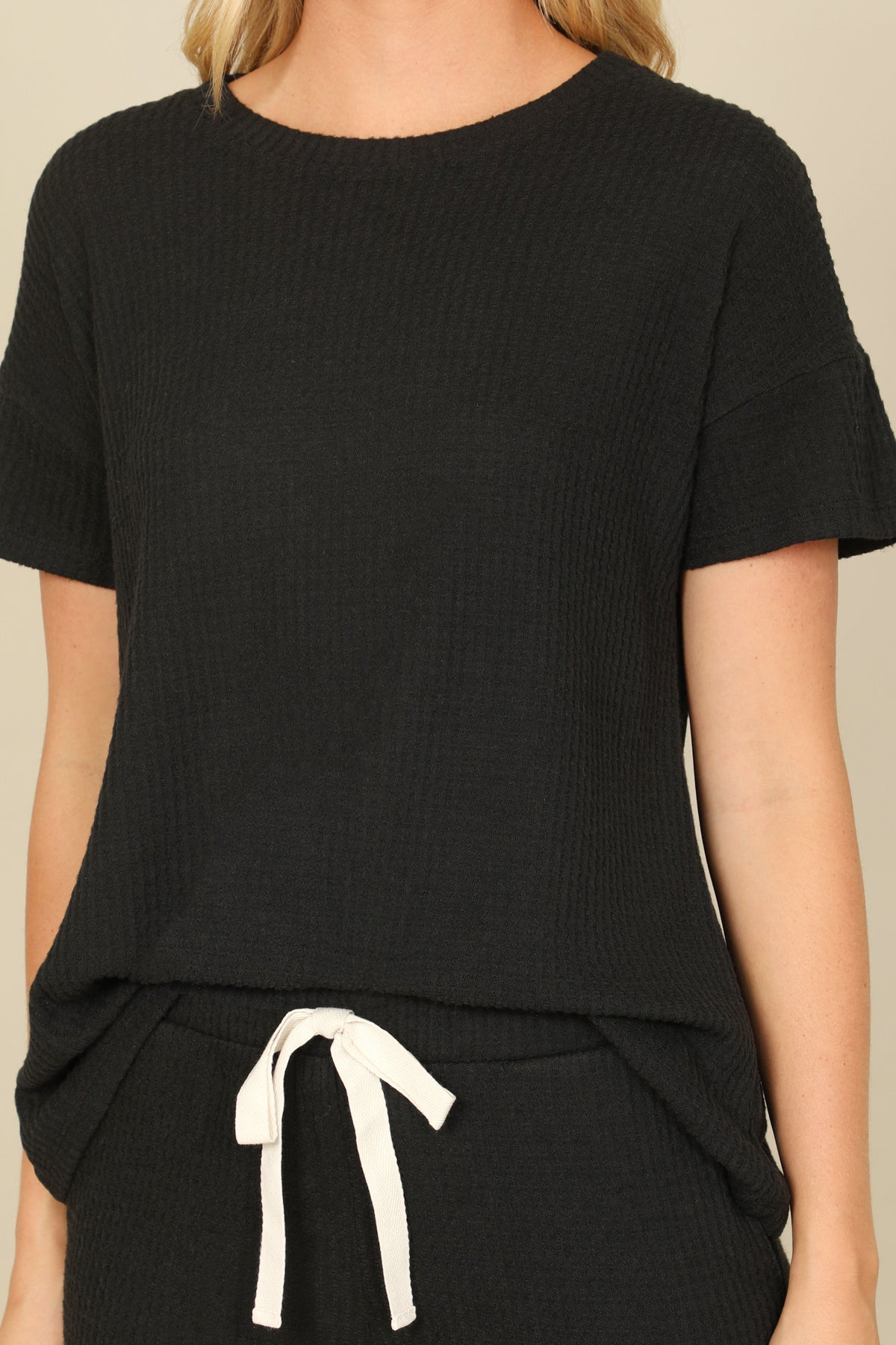 Brushed Waffle Short Sleeve Top And Elastic Waist Shorts Set