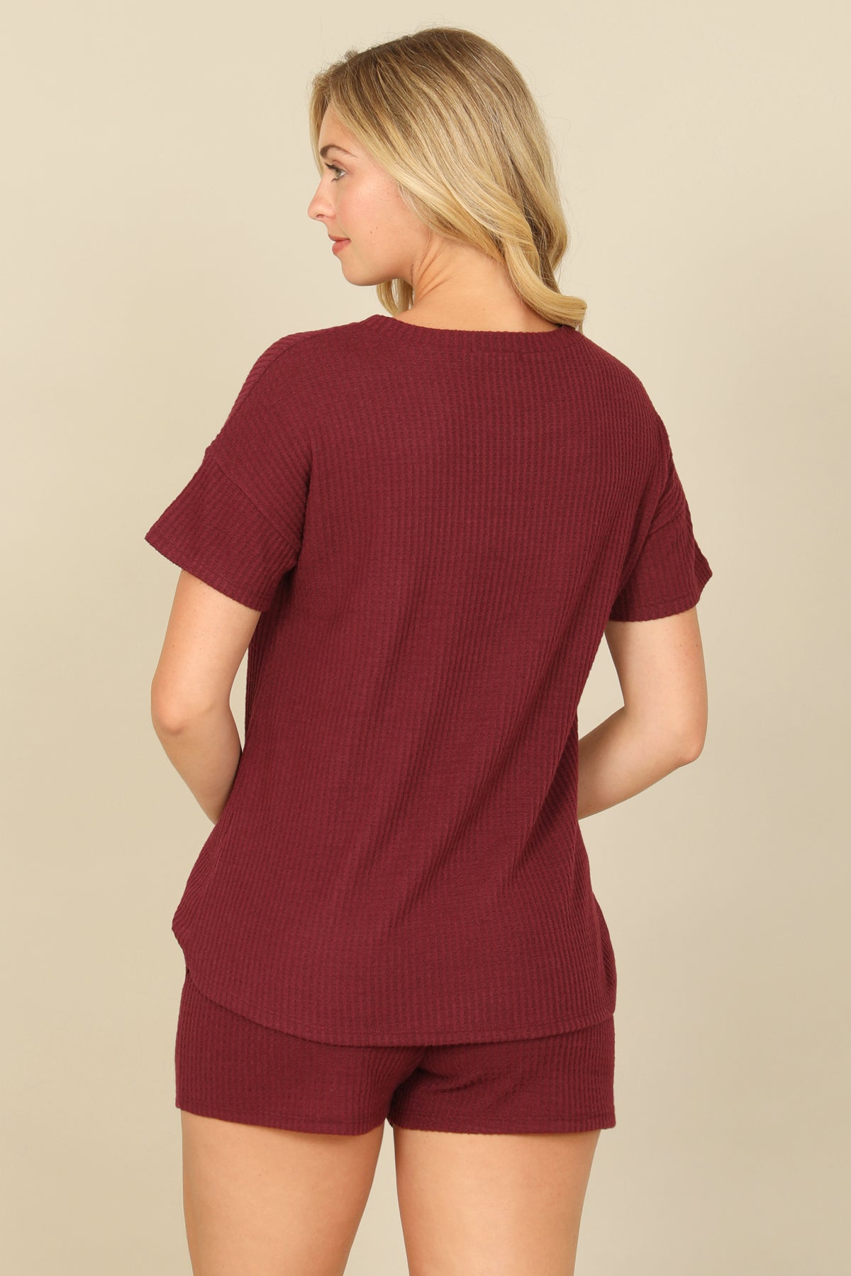 Brushed Waffle Short Sleeve Top And Elastic Waist Shorts Set