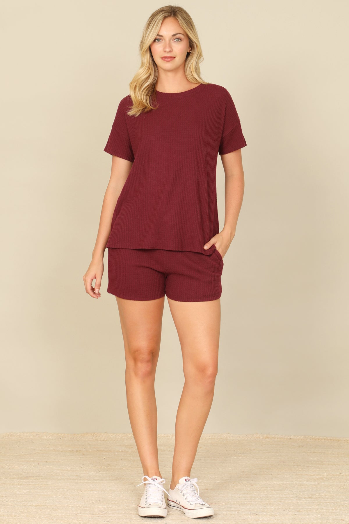 Brushed Waffle Short Sleeve Top And Elastic Waist Shorts Set