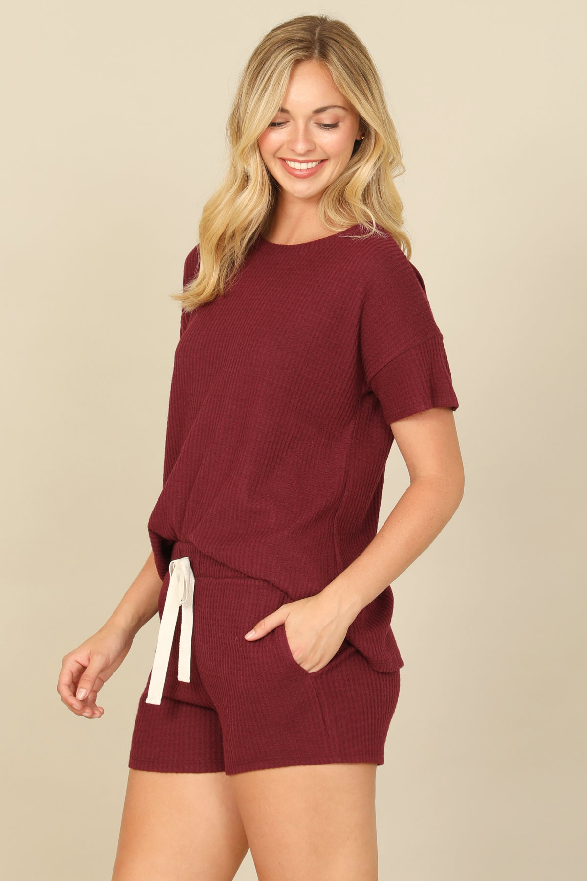 Brushed Waffle Short Sleeve Top And Elastic Waist Shorts Set
