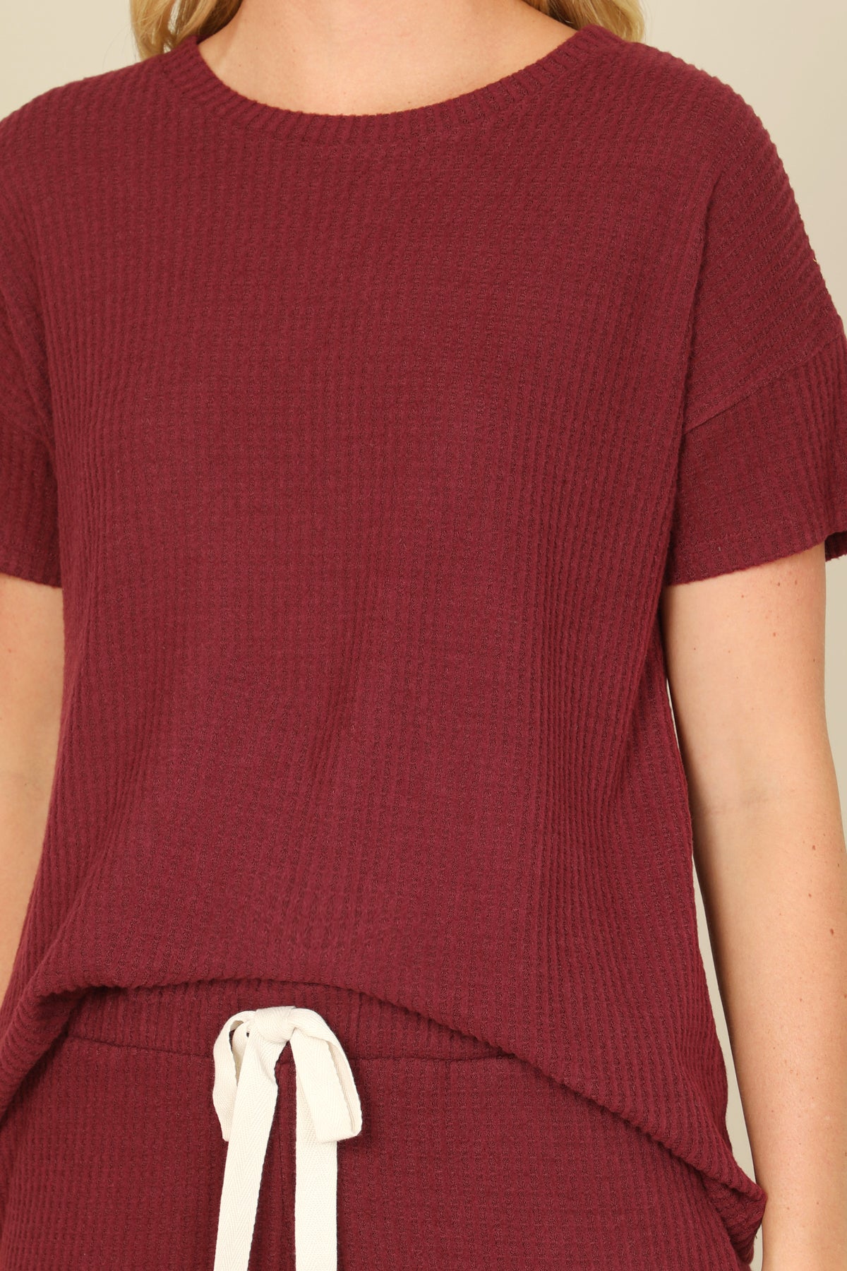 Brushed Waffle Short Sleeve Top And Elastic Waist Shorts Set