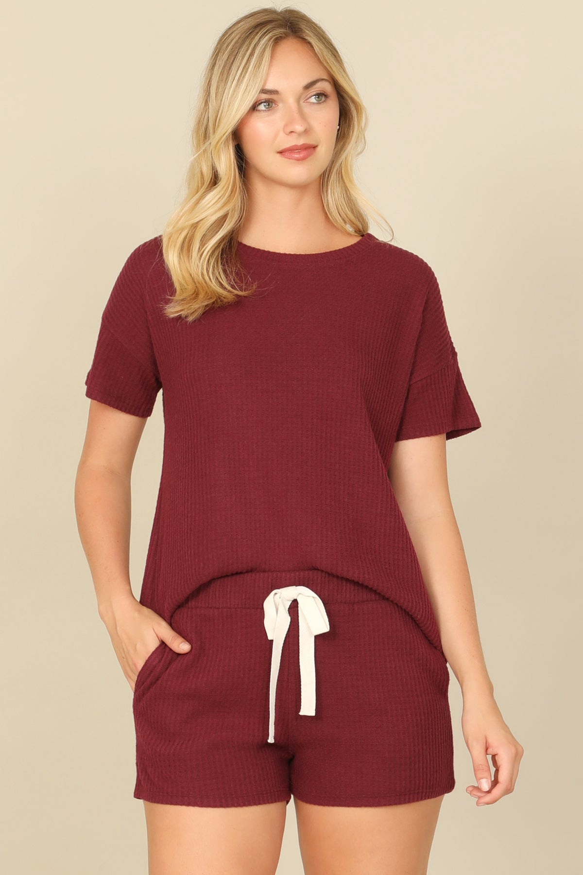 Brushed Waffle Short Sleeve Top And Elastic Waist Shorts Set