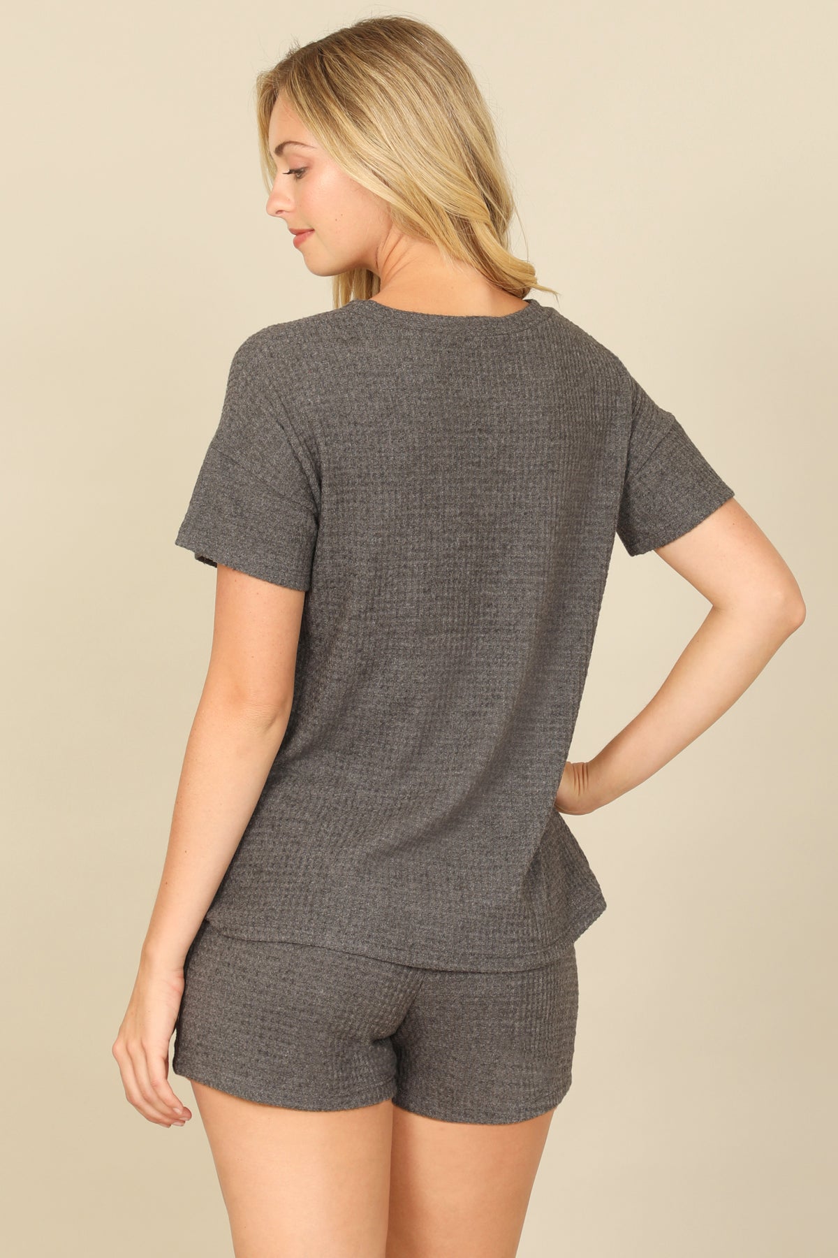 Brushed Waffle Short Sleeve Top And Elastic Waist Shorts Set