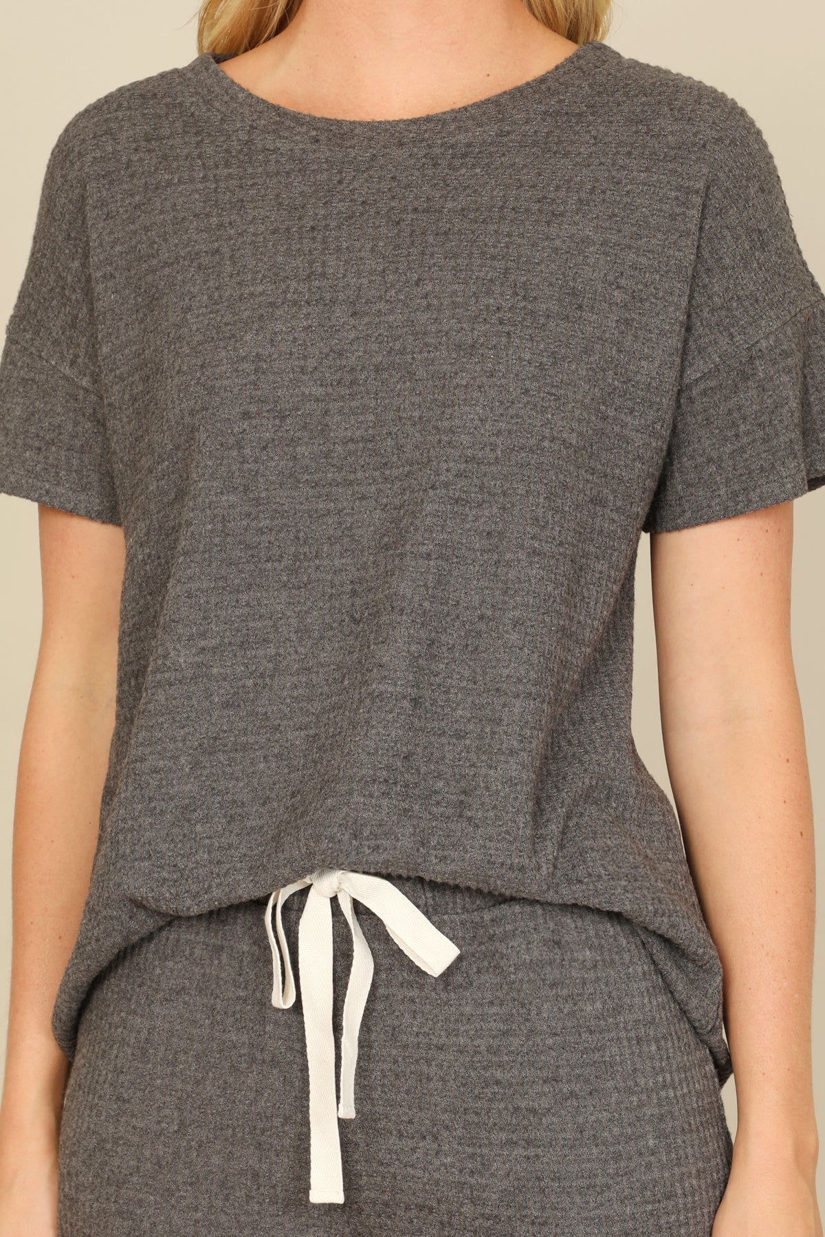 Brushed Waffle Short Sleeve Top And Elastic Waist Shorts Set