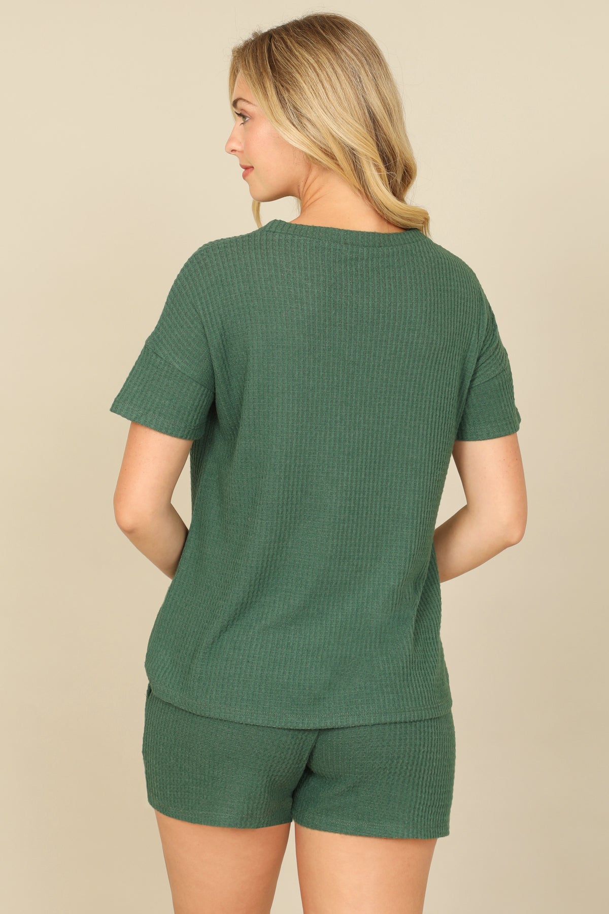 Brushed Waffle Short Sleeve Top And Elastic Waist Shorts Set