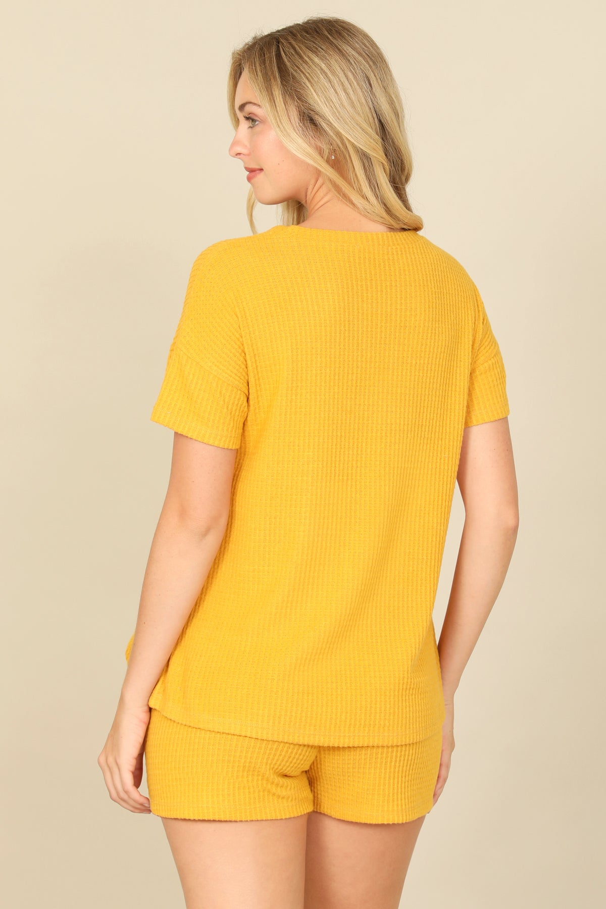 Brushed Waffle Short Sleeve Top And Elastic Waist Shorts Set