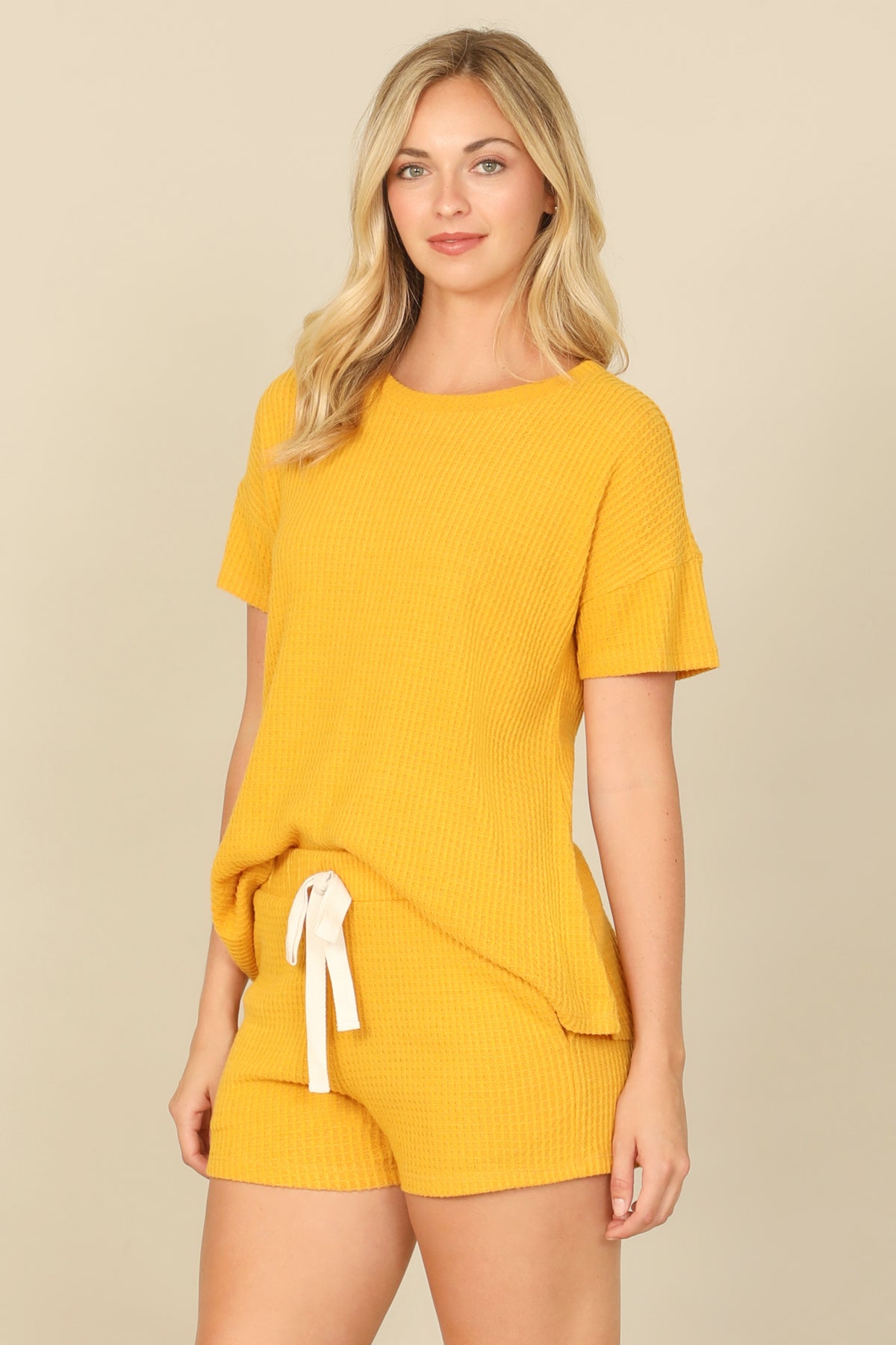 Brushed Waffle Short Sleeve Top And Elastic Waist Shorts Set