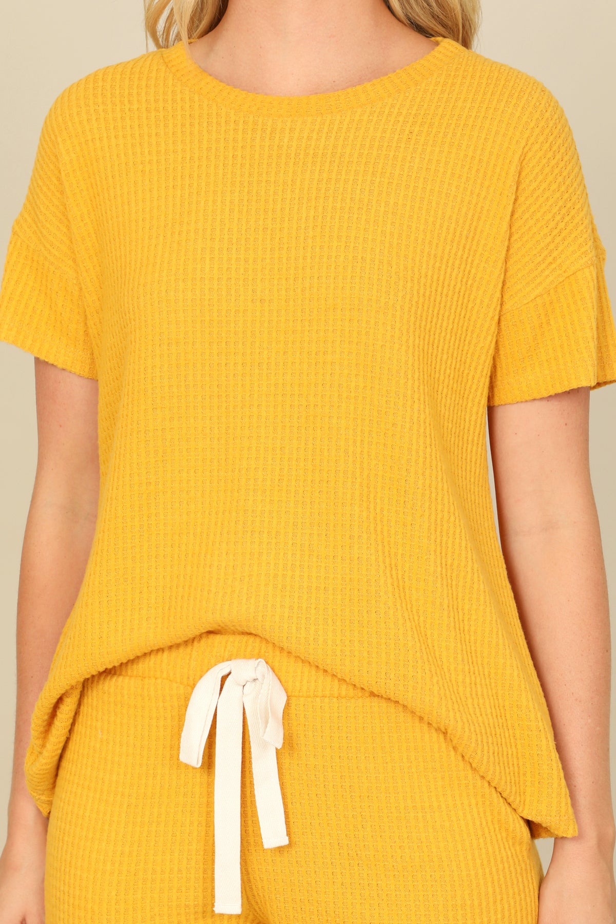Brushed Waffle Short Sleeve Top And Elastic Waist Shorts Set