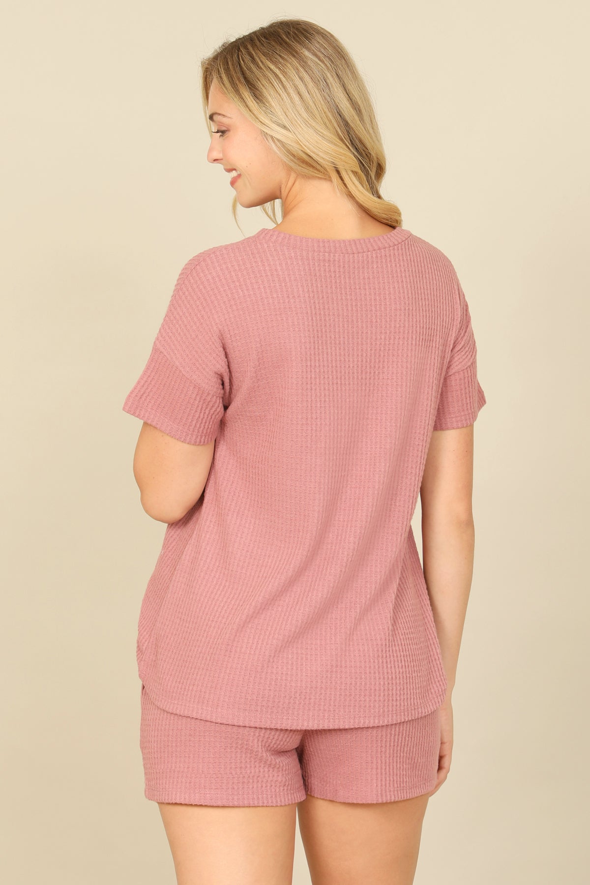 Brushed Waffle Short Sleeve Top And Elastic Waist Shorts Set
