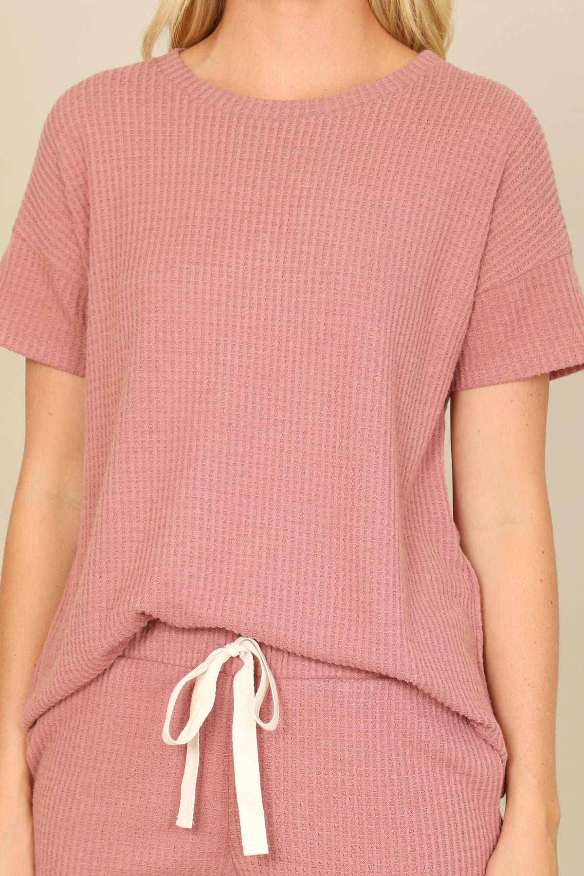 Brushed Waffle Short Sleeve Top And Elastic Waist Shorts Set
