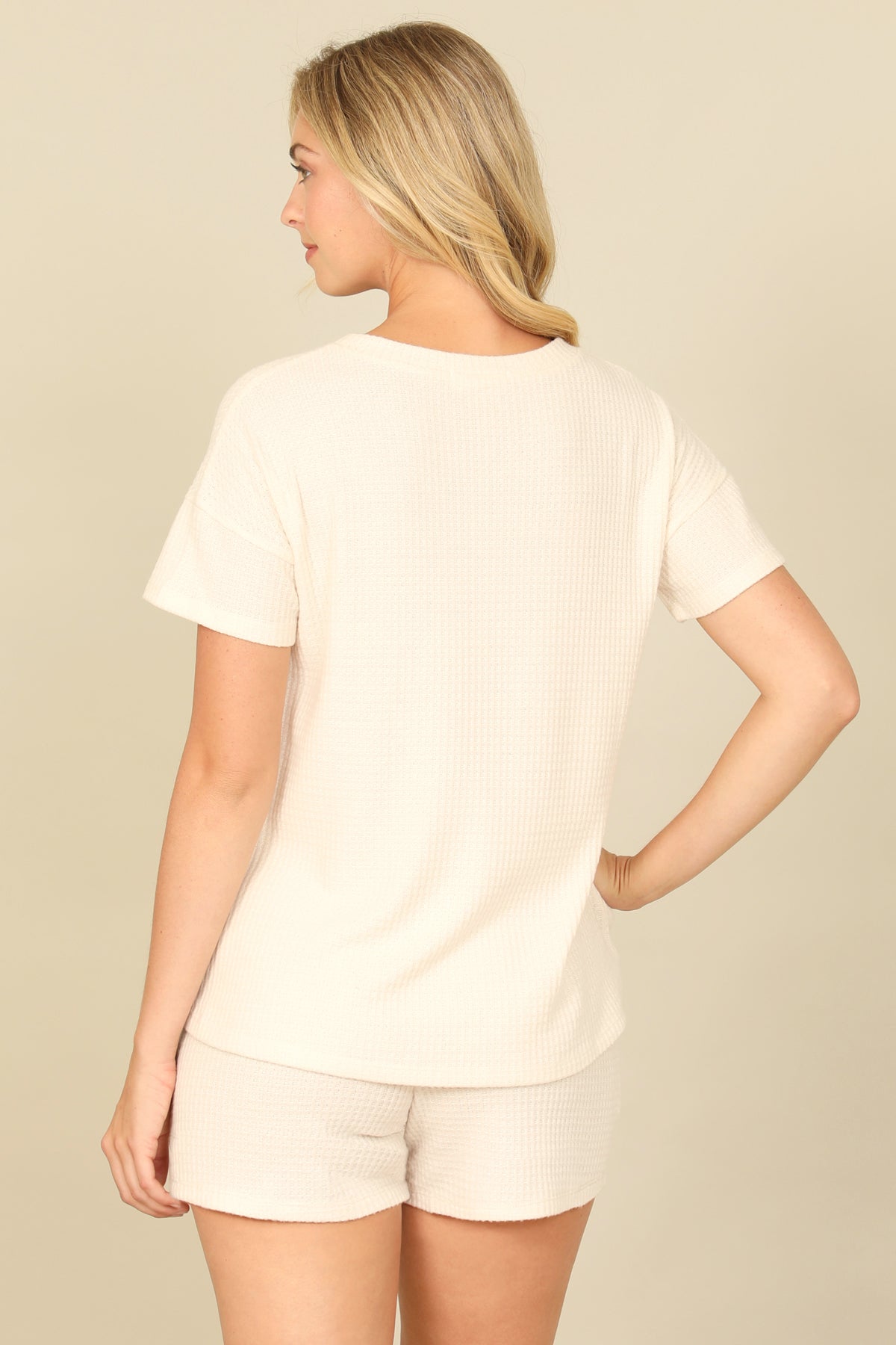 Brushed Waffle Short Sleeve Top And Elastic Waist Shorts Set