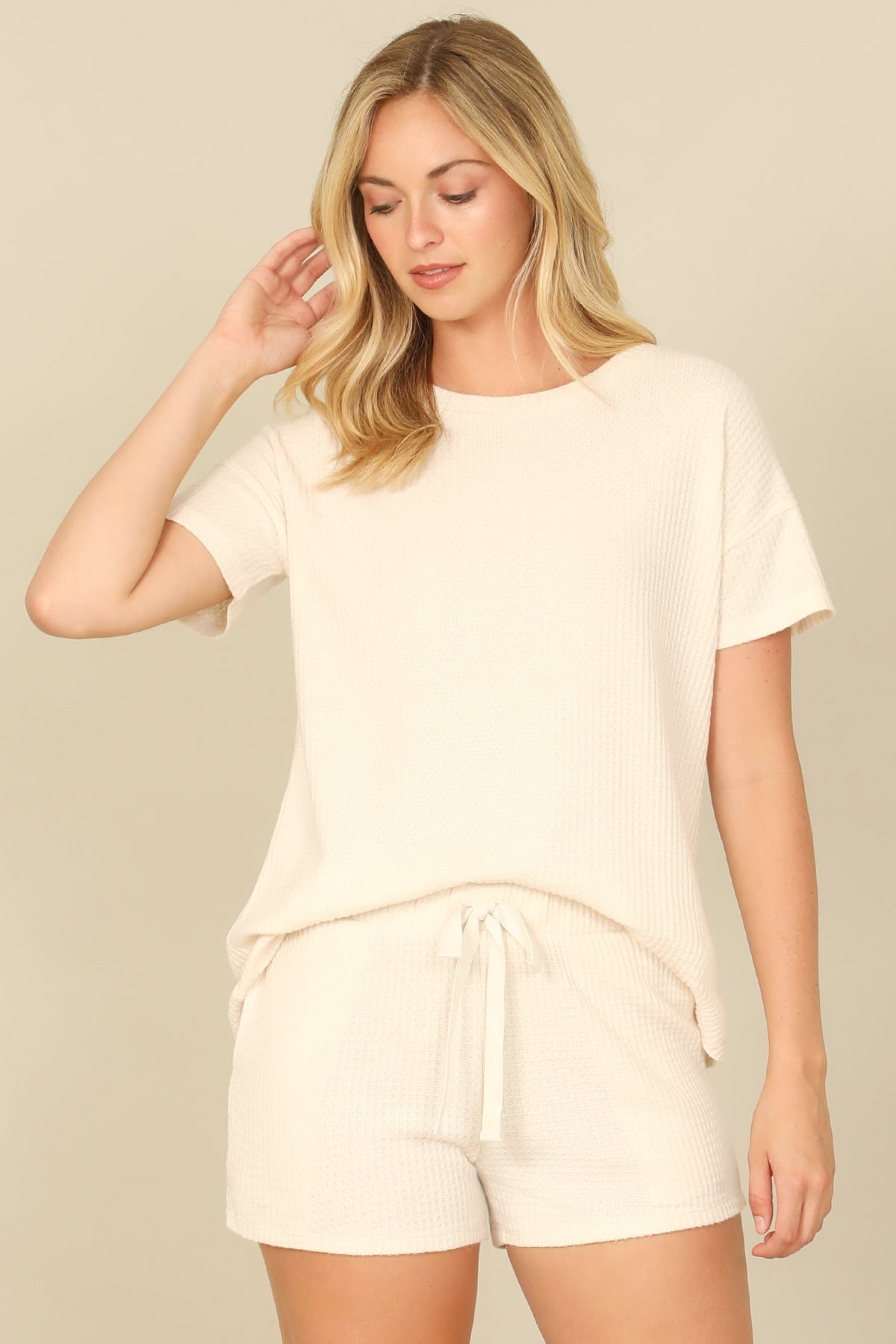 Brushed Waffle Short Sleeve Top And Elastic Waist Shorts Set