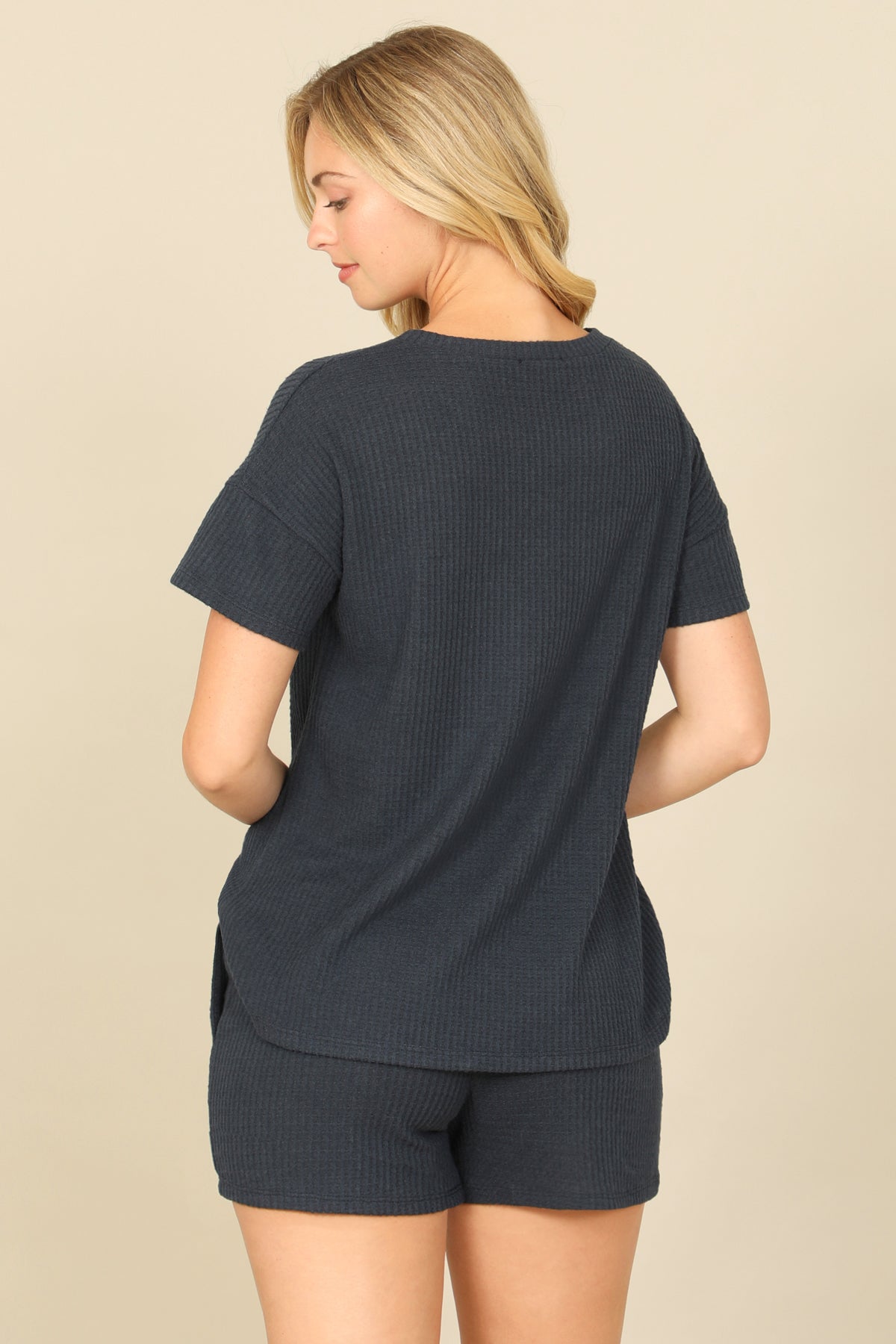 Brushed Waffle Short Sleeve Top And Elastic Waist Shorts Set