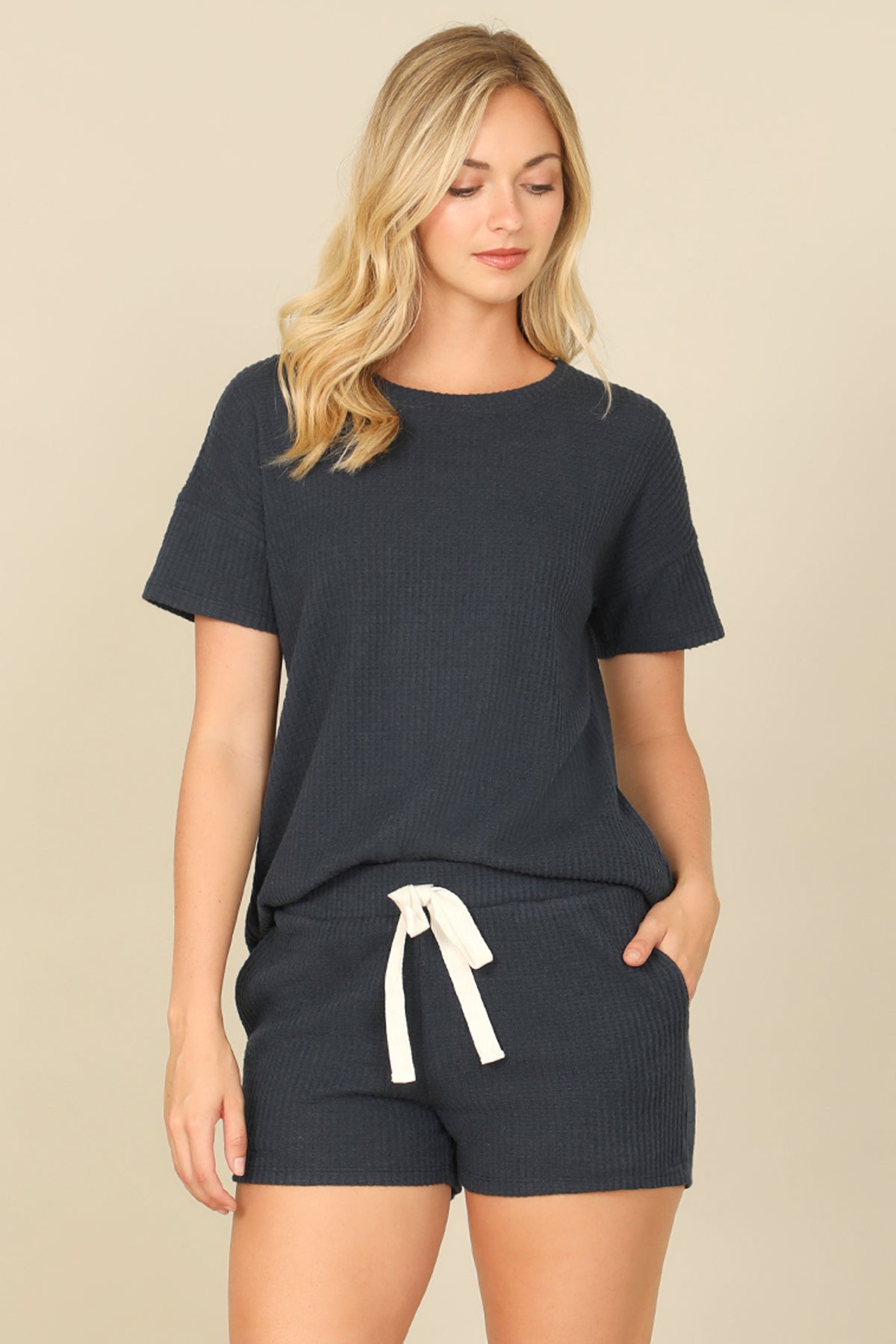 Brushed Waffle Short Sleeve Top And Elastic Waist Shorts Set