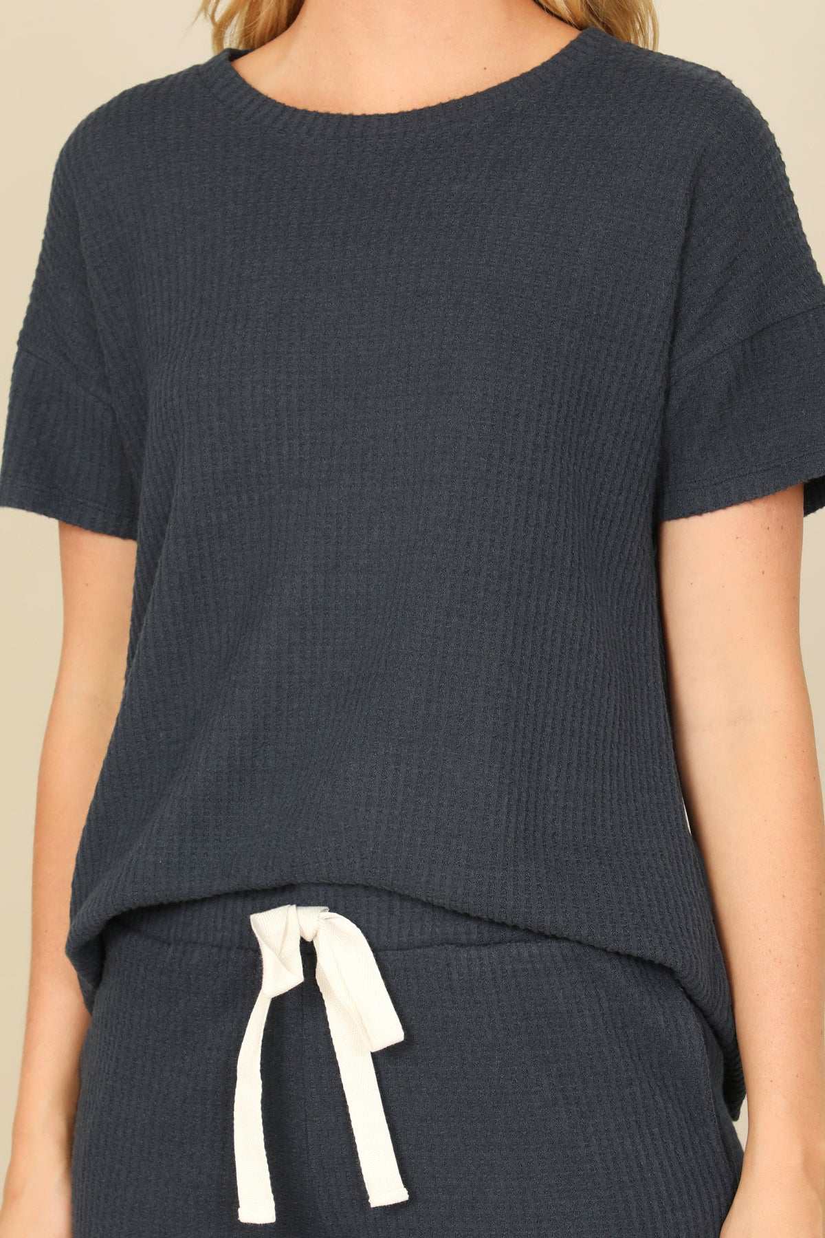 Brushed Waffle Short Sleeve Top And Elastic Waist Shorts Set
