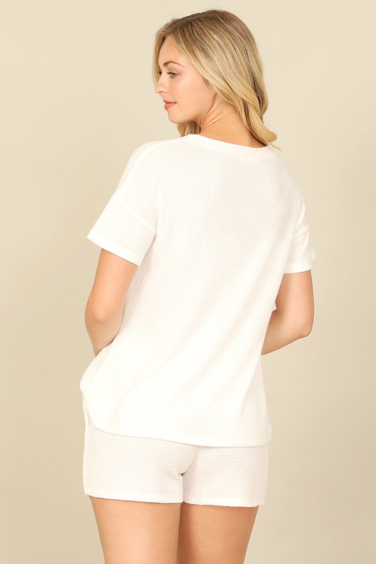 Brushed Waffle Short Sleeve Top And Elastic Waist Shorts Set