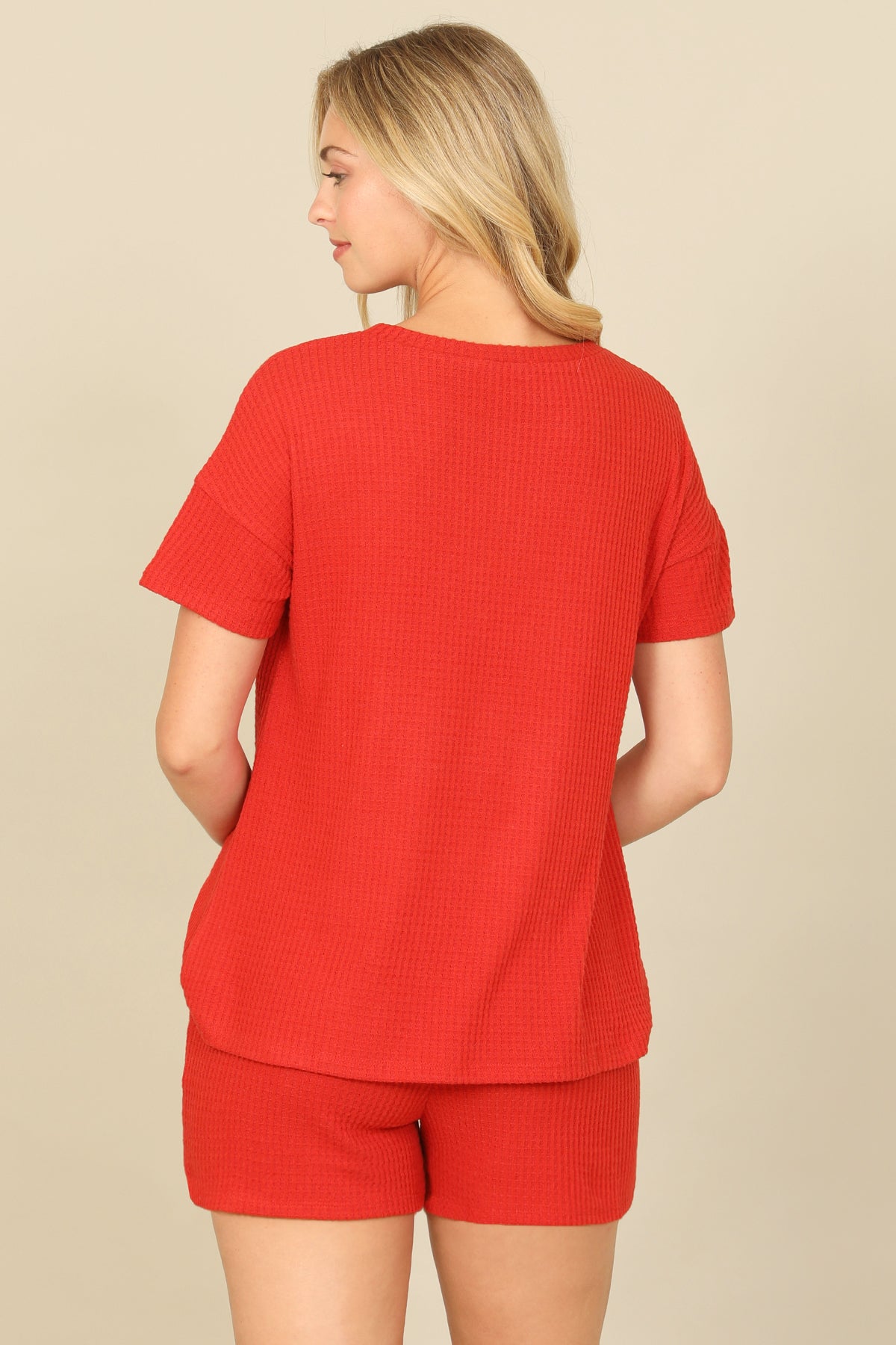 Brushed Waffle Short Sleeve Top And Elastic Waist Shorts Set