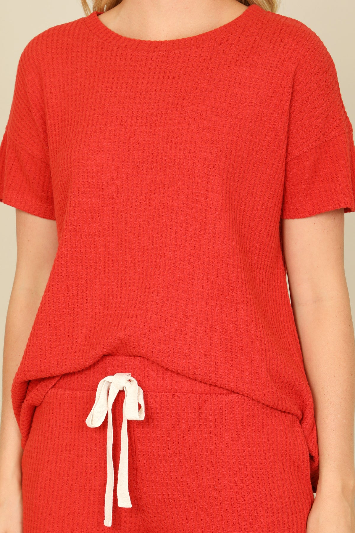 Brushed Waffle Short Sleeve Top And Elastic Waist Shorts Set