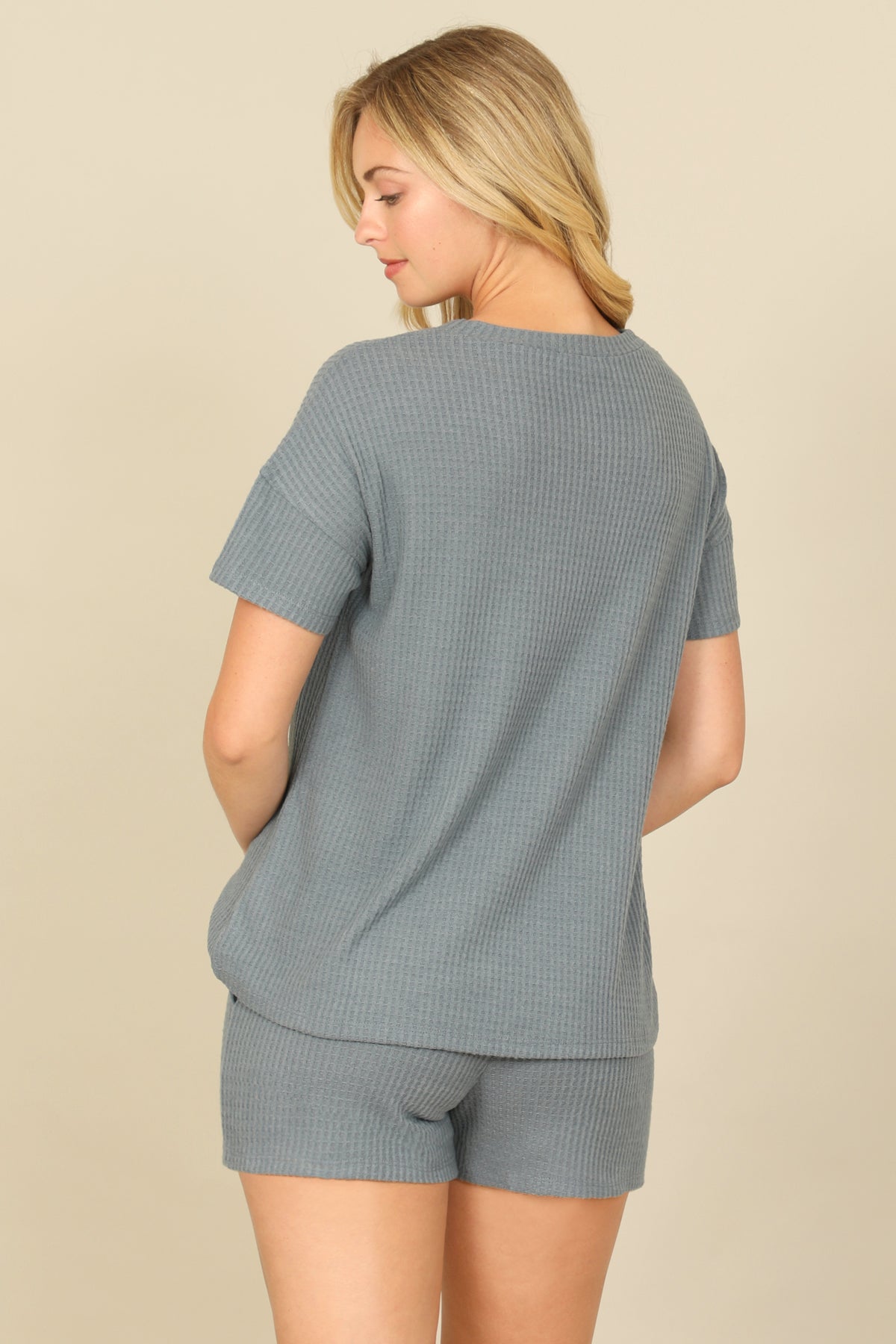 Brushed Waffle Short Sleeve Top And Elastic Waist Shorts Set
