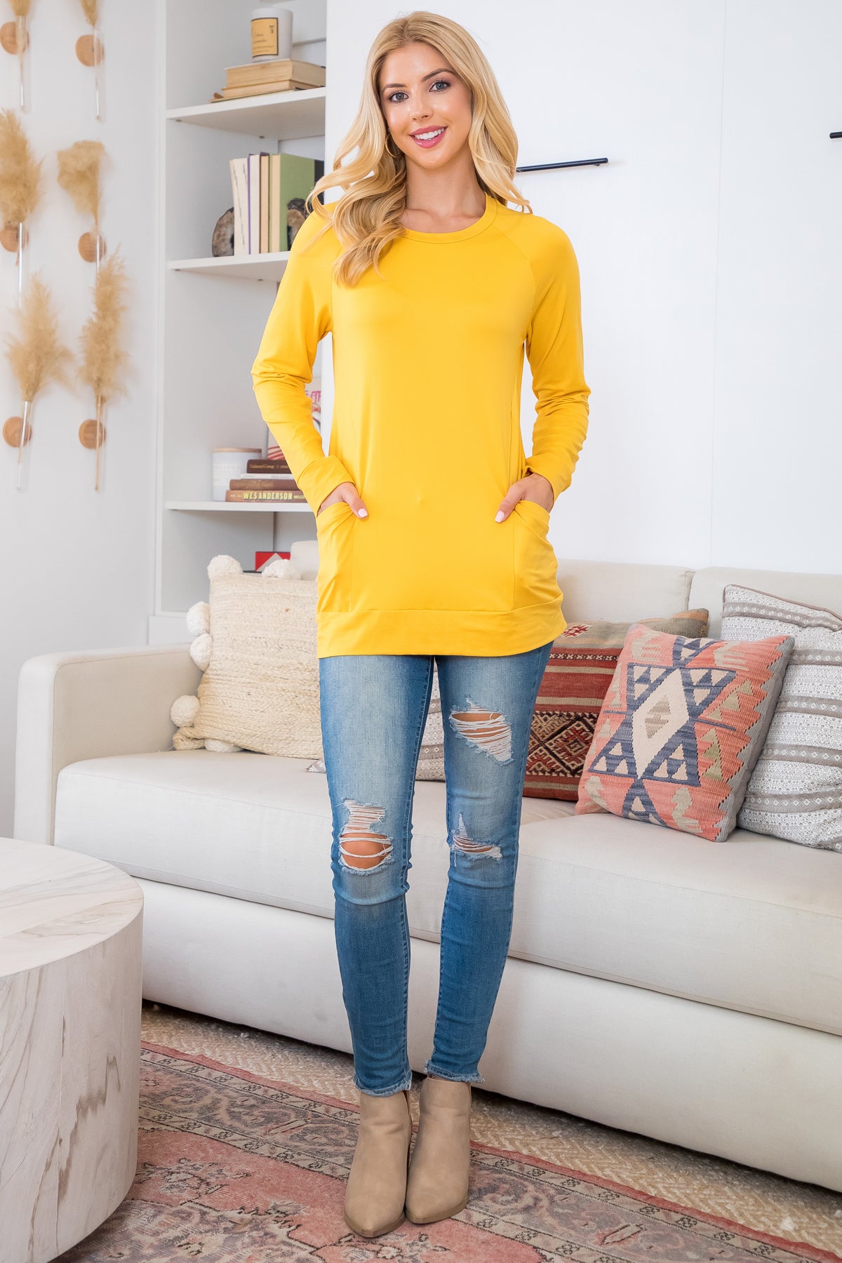 Plus Size Solid Long Sleeve Front Pocket Top