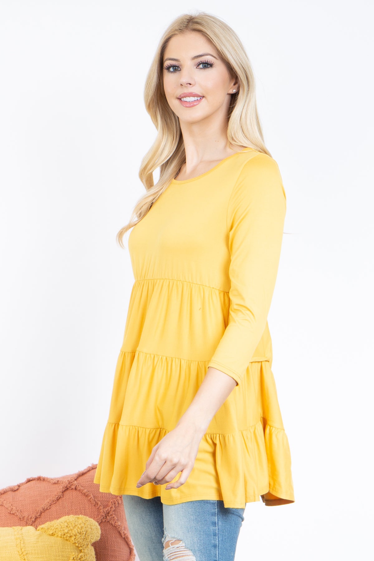 Quarter Sleeve Tiered Ruffle Solid Top