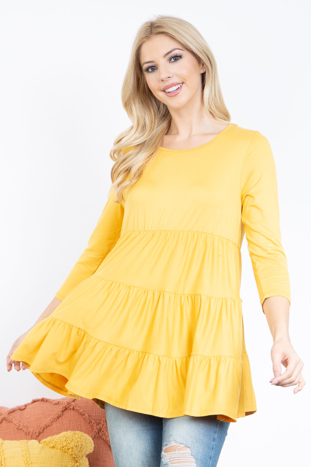 Quarter Sleeve Tiered Ruffle Solid Top