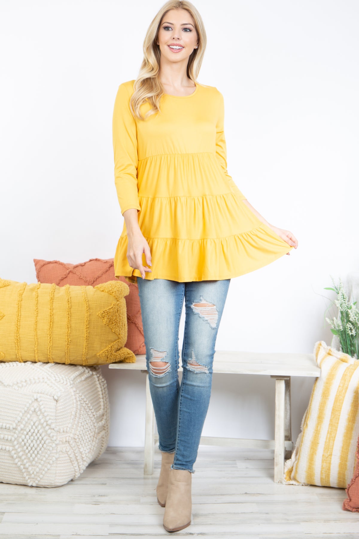 Quarter Sleeve Tiered Ruffle Solid Top
