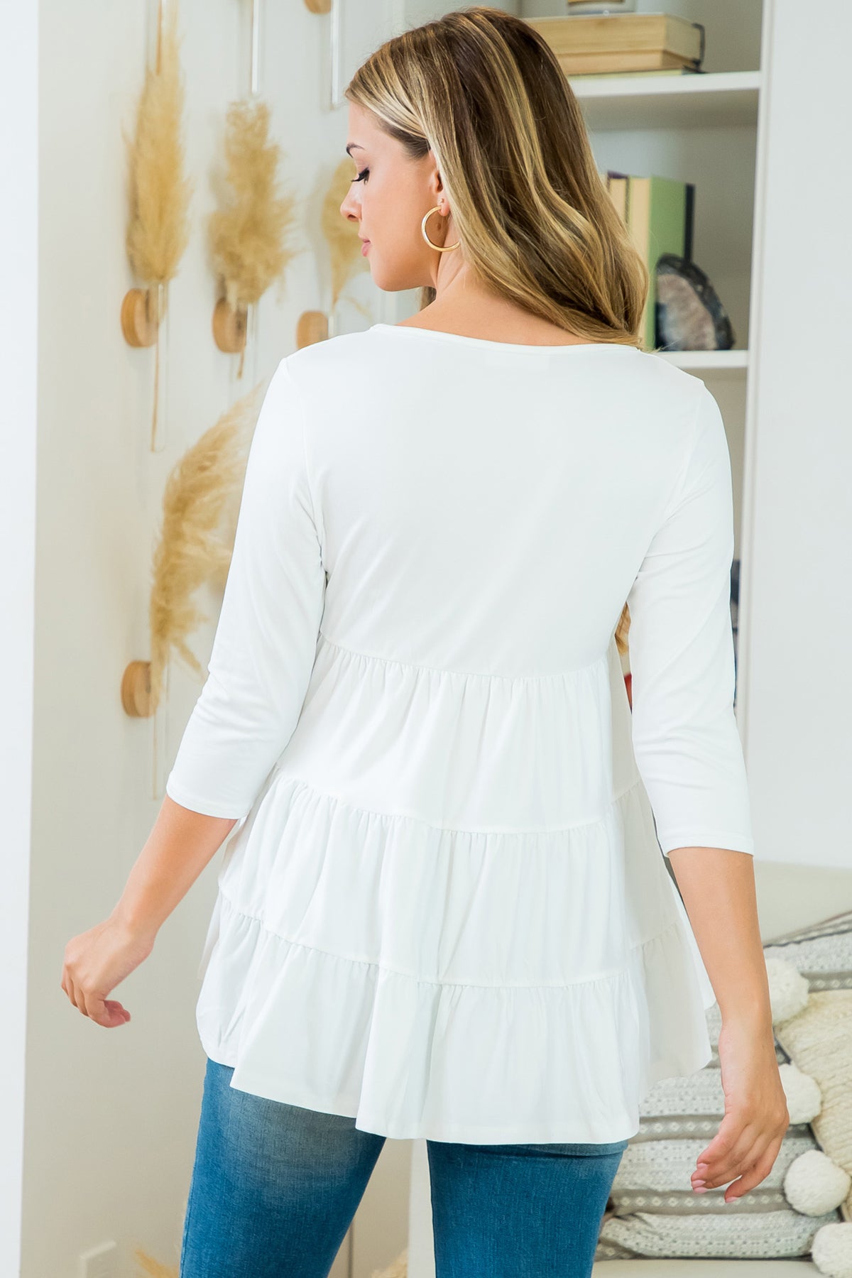 Quarter Sleeve Tiered Ruffle Solid Top
