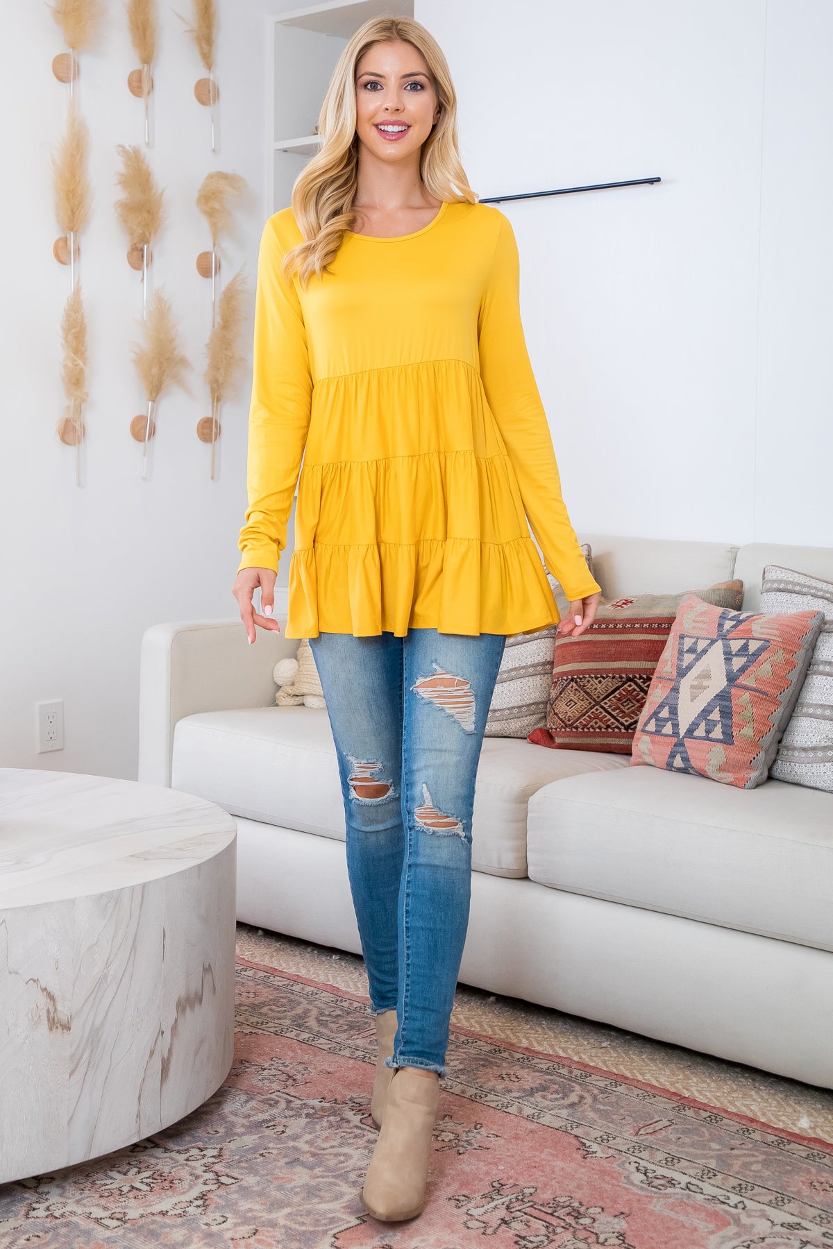 Solid Long Sleeve Tiered Top