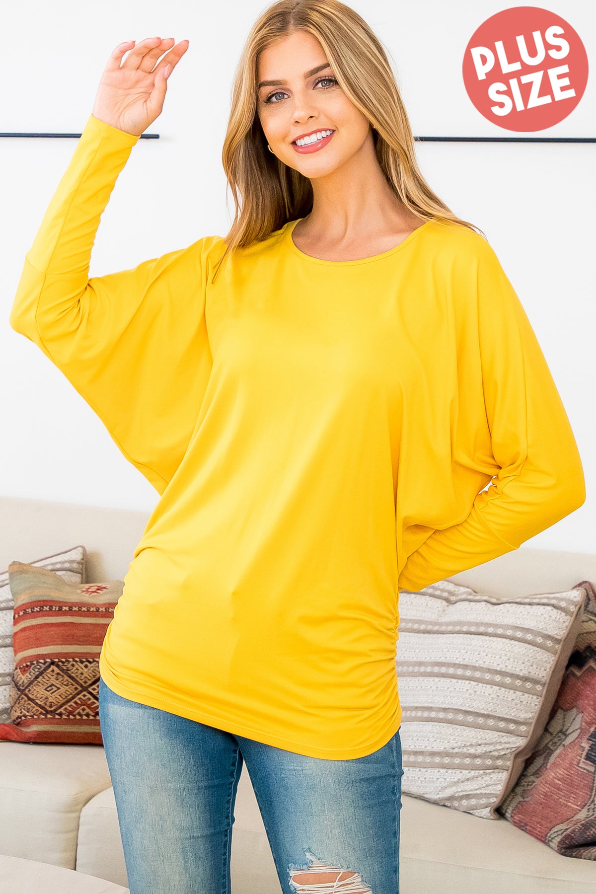 Plus Size Long Dolman Sleeve Solid  Top