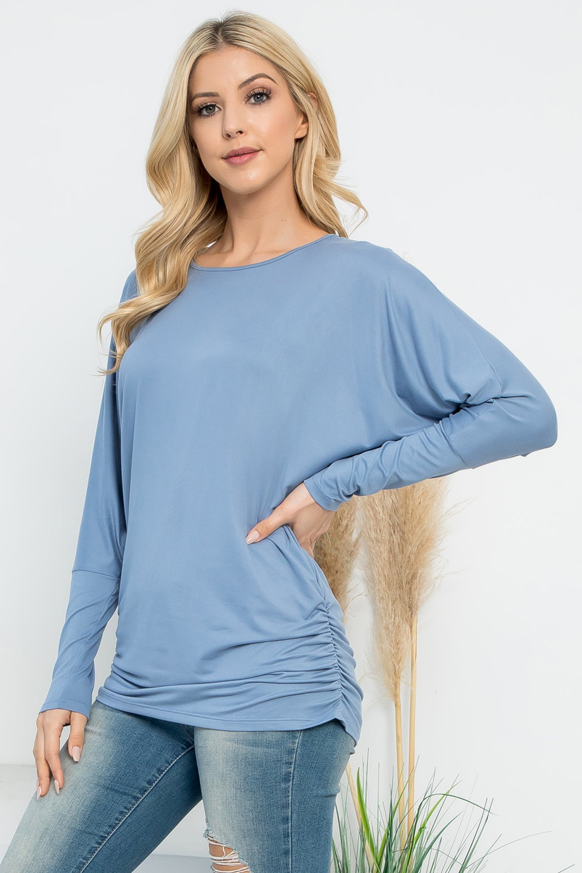 Plus Size Solid Long Dolman Sleeve Top