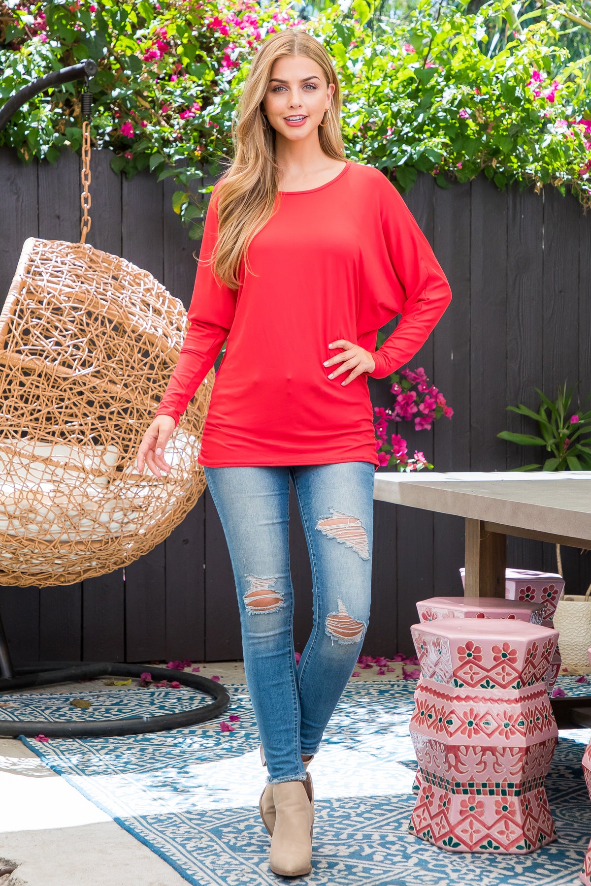 Solid Long Dolman Sleeve Tunnel Detail Top