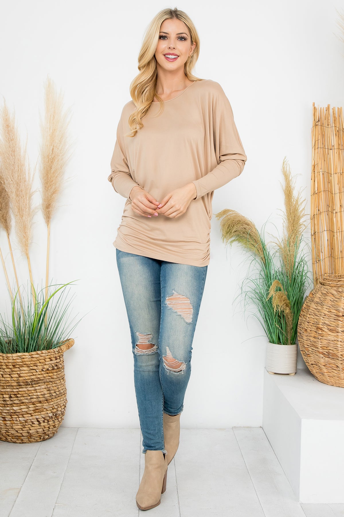 Solid Long Dolman Sleeve Tunnel Detail Top