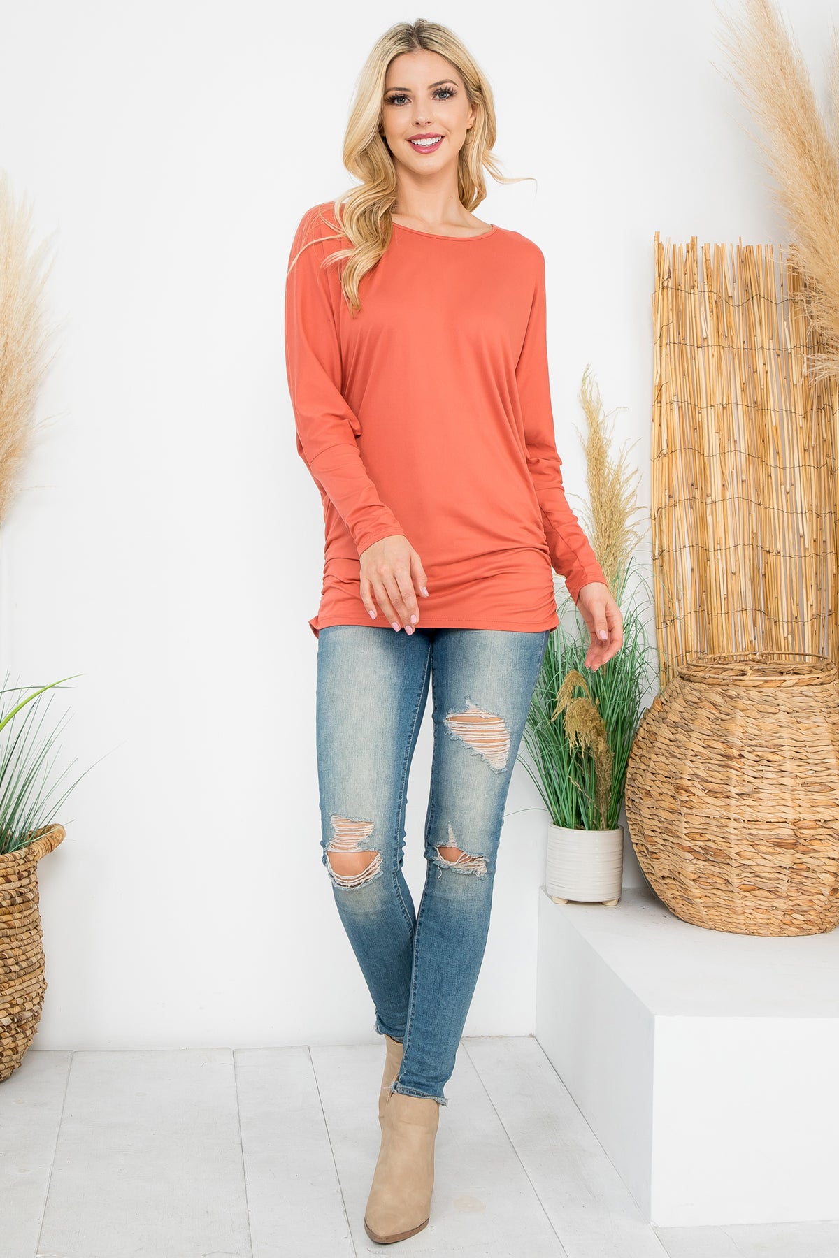 Solid Long Dolman Sleeve Tunnel Detail Top