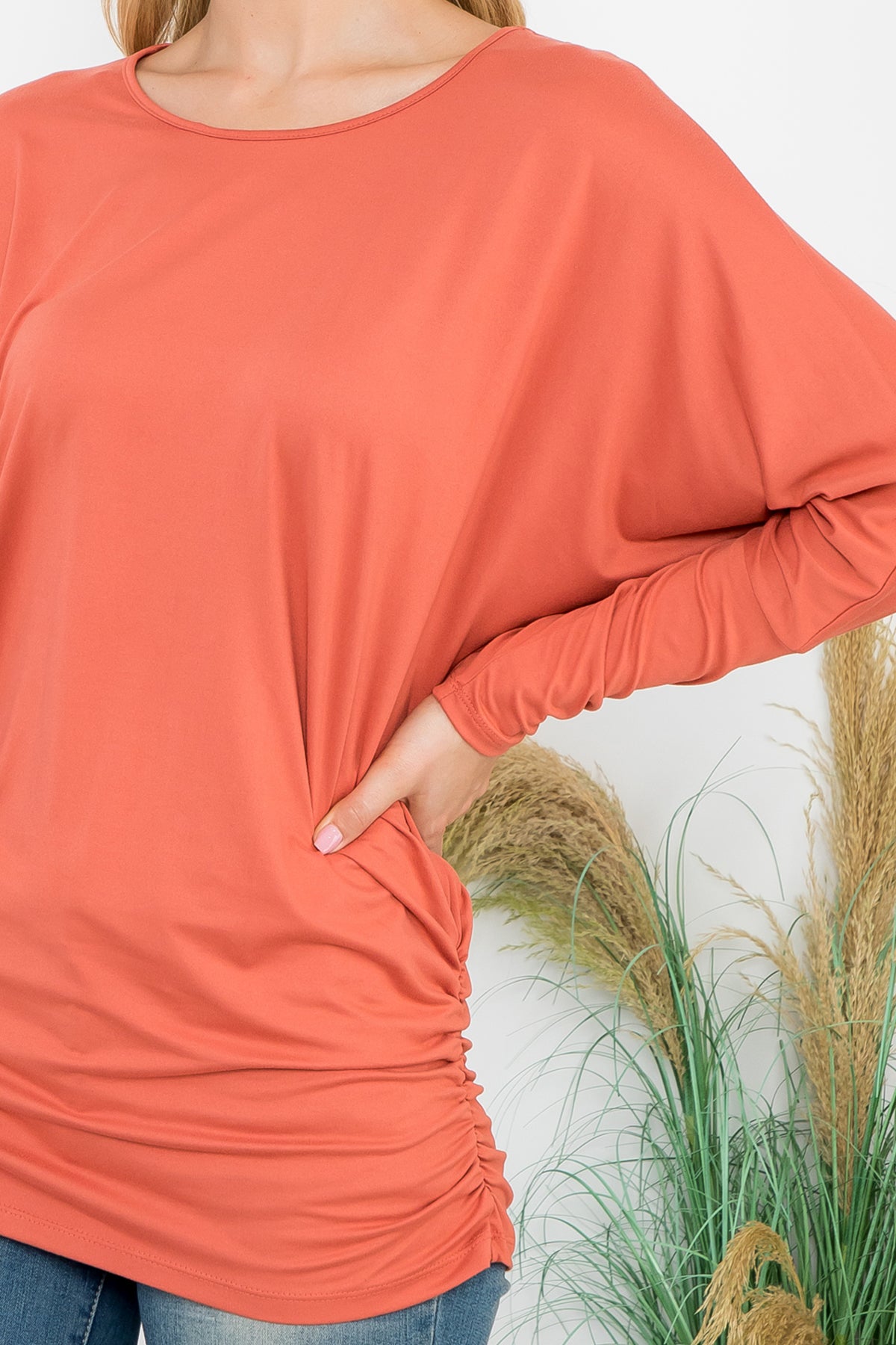Solid Long Dolman Sleeve Tunnel Detail Top