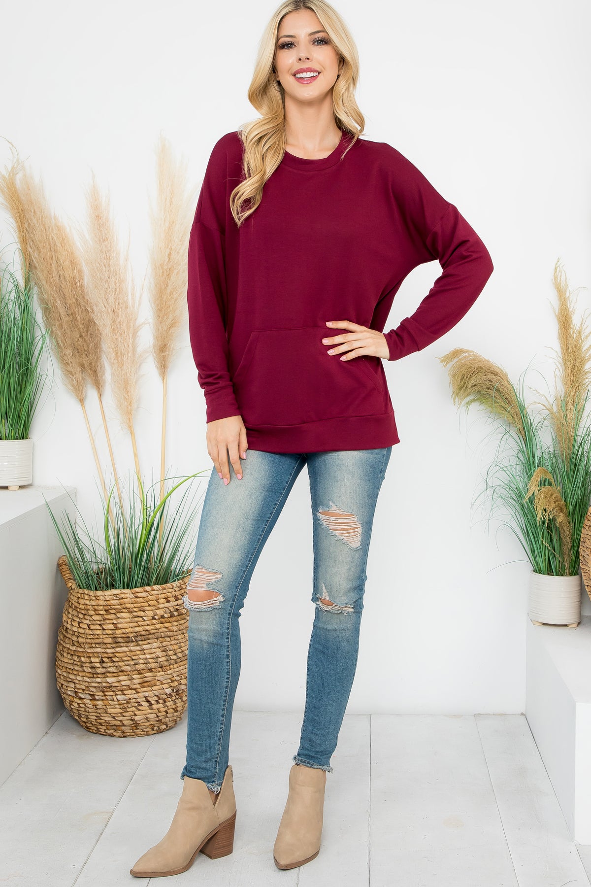 Long Sleeve French Terry Kangaroo Pocket Top