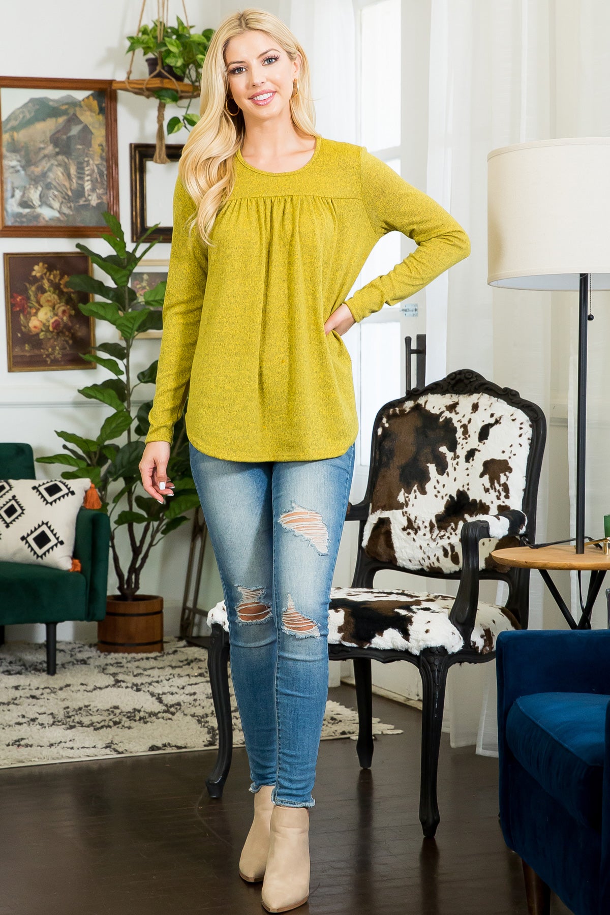 Plus Size Long Sleeve Shirring Detail Top