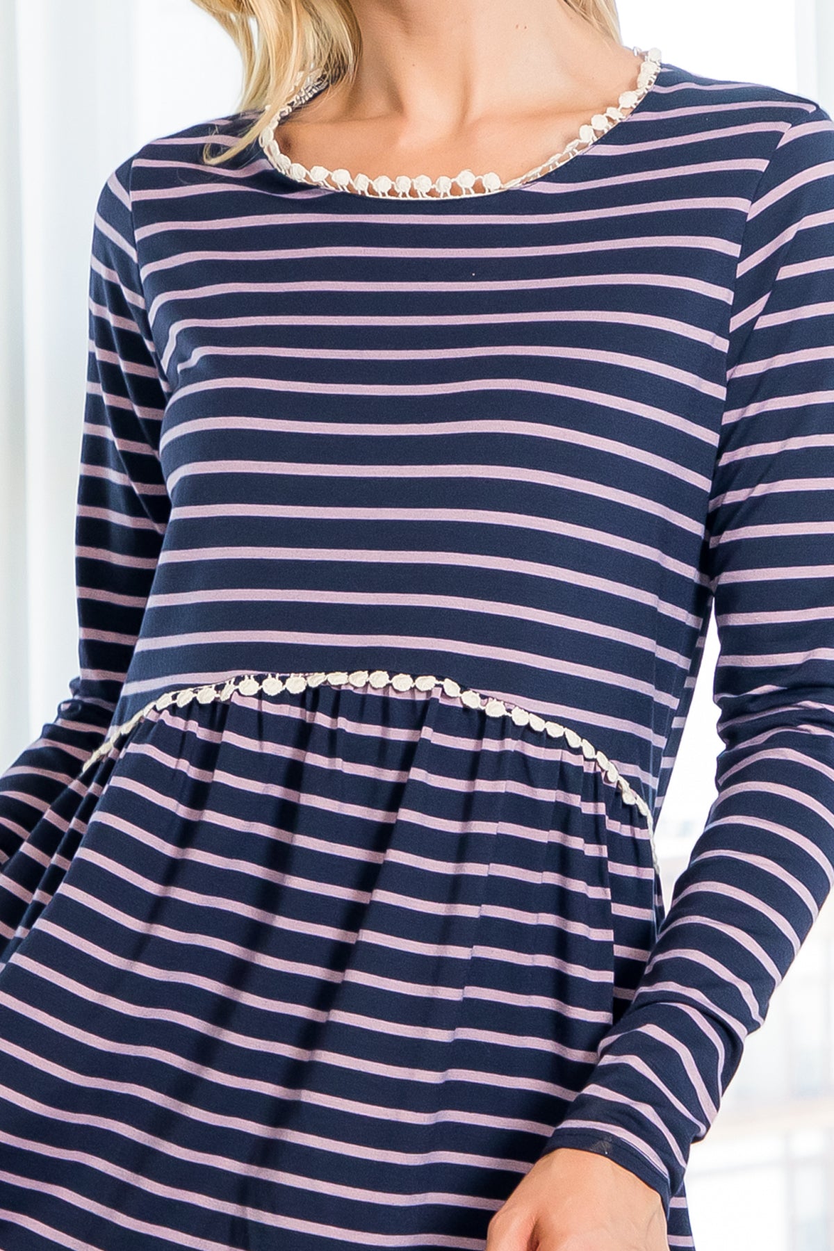 Pompom Detail Long Sleeve Stripes Top