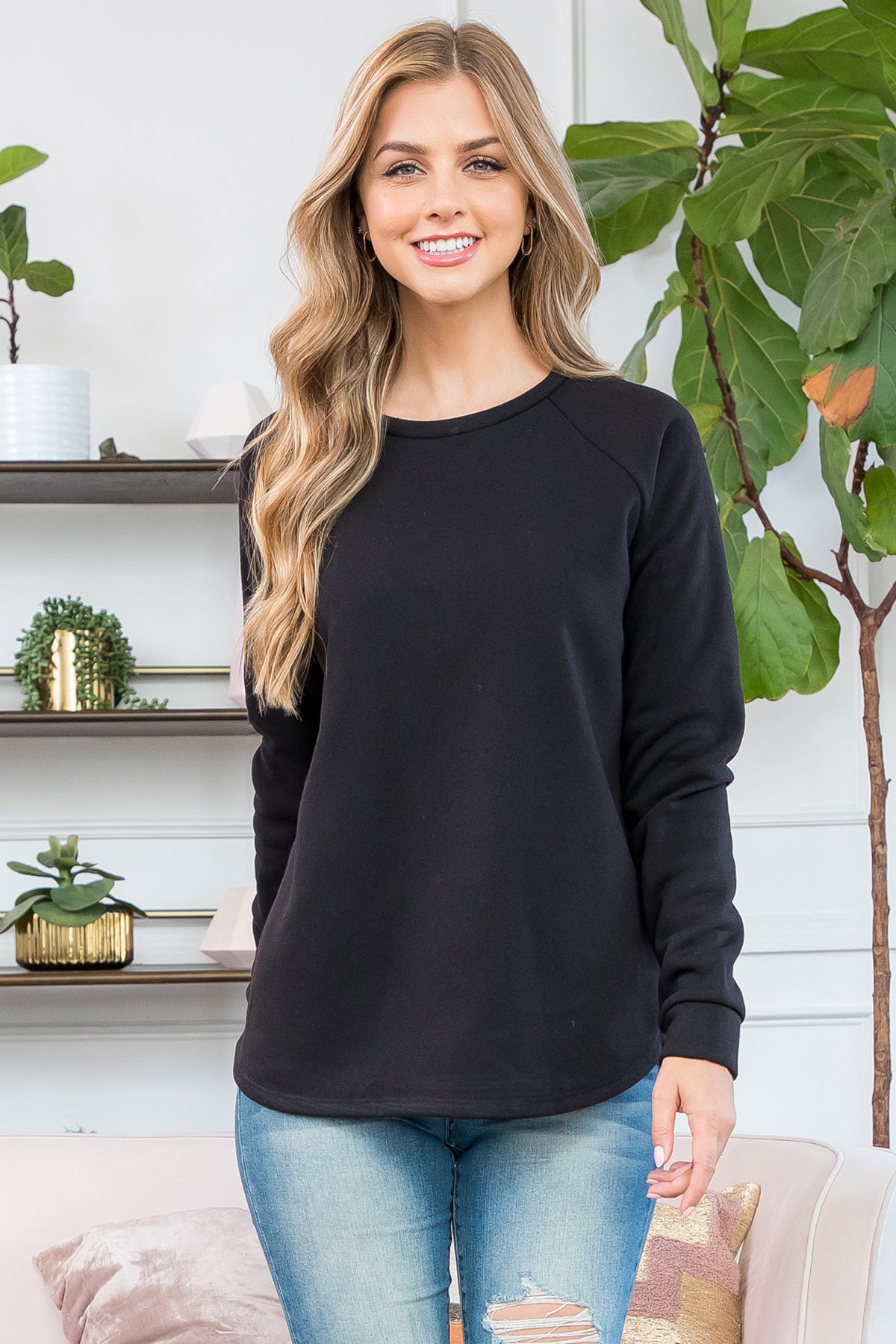 Fleeced Long Sleeve French Terry Pullover Top