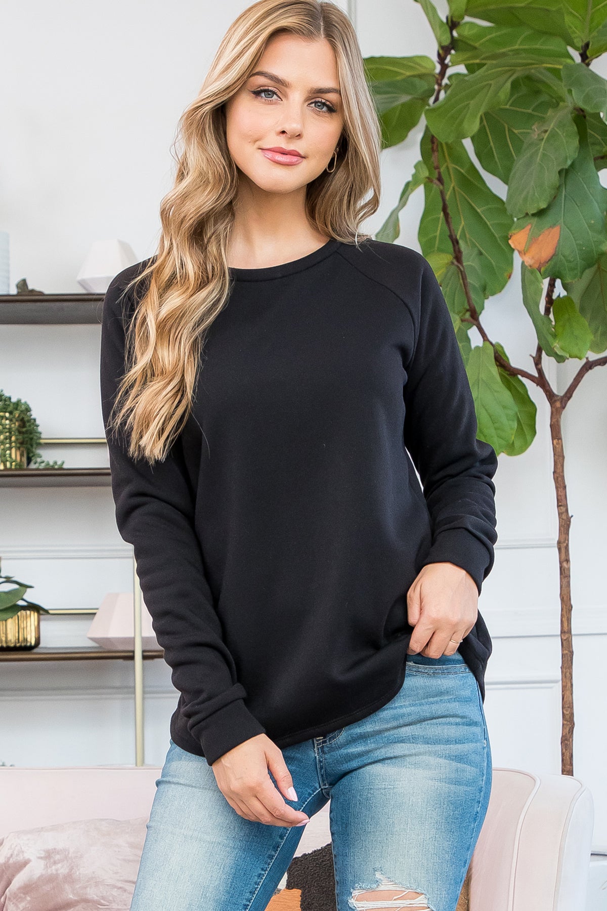Fleeced Long Sleeve French Terry Pullover Top