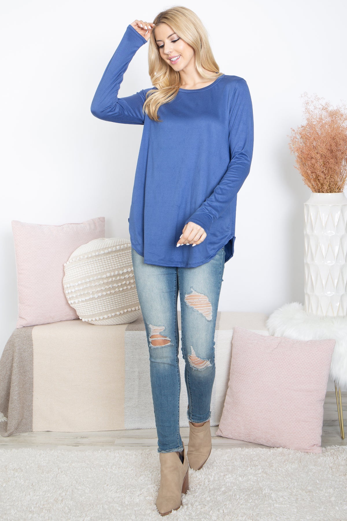 Solid Round Hem Long Sleeve Top