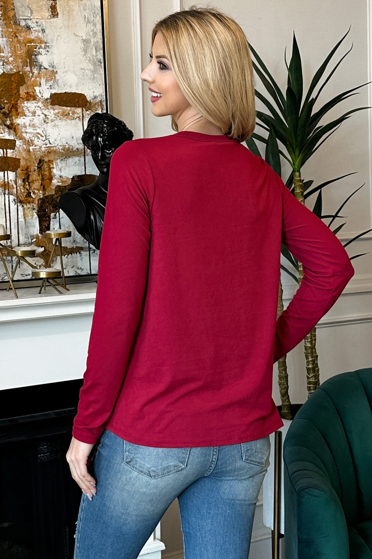Solid Round Neck Long Sleeve Top