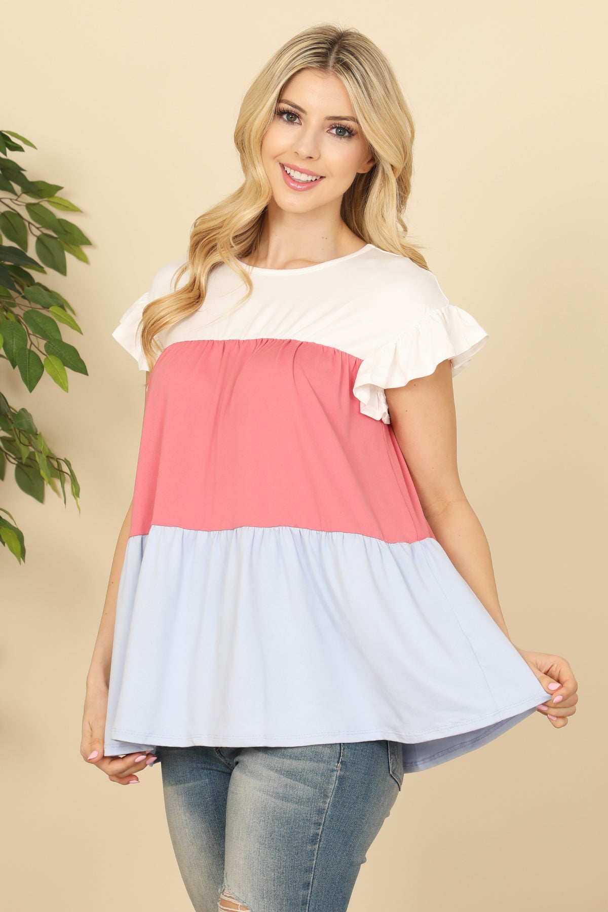 Short Ruffle Sleeve Color Block Top