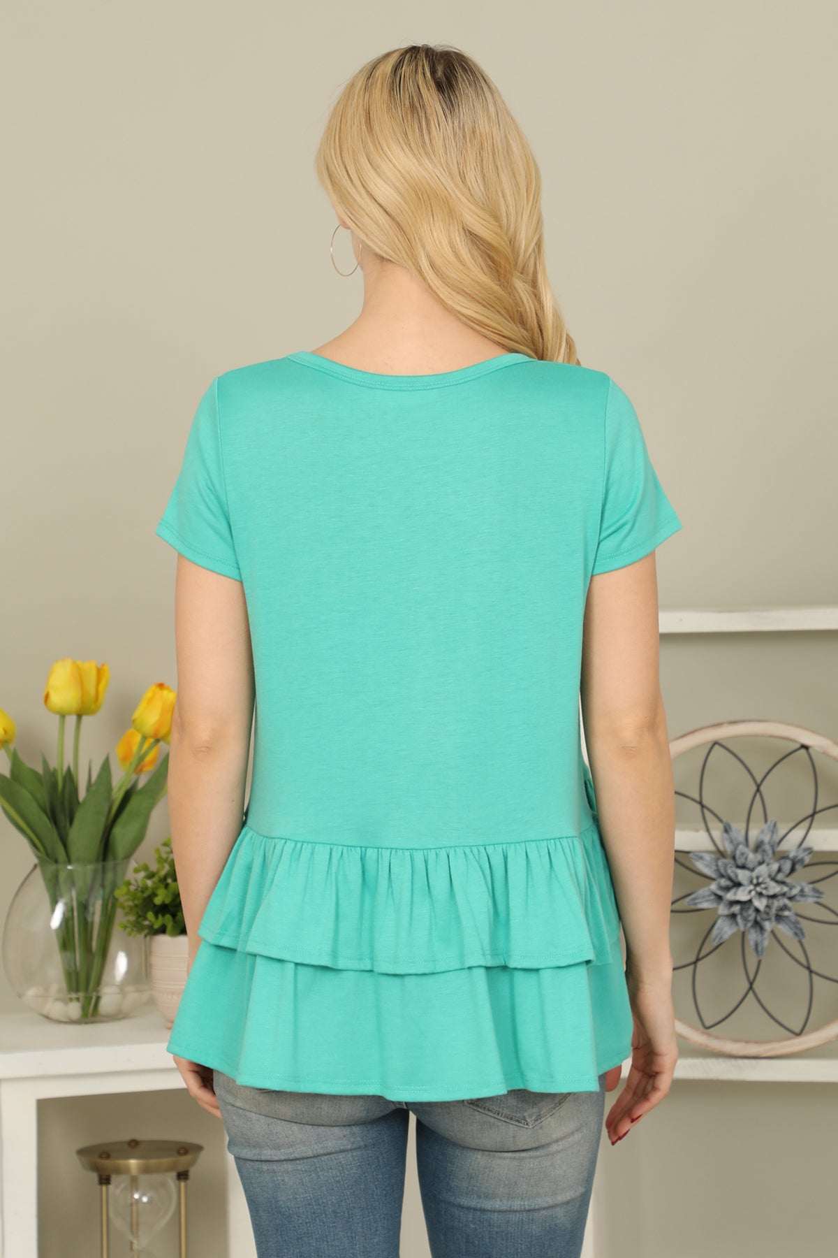 Short Sleeve Layered Ruffle Hem Solid Top