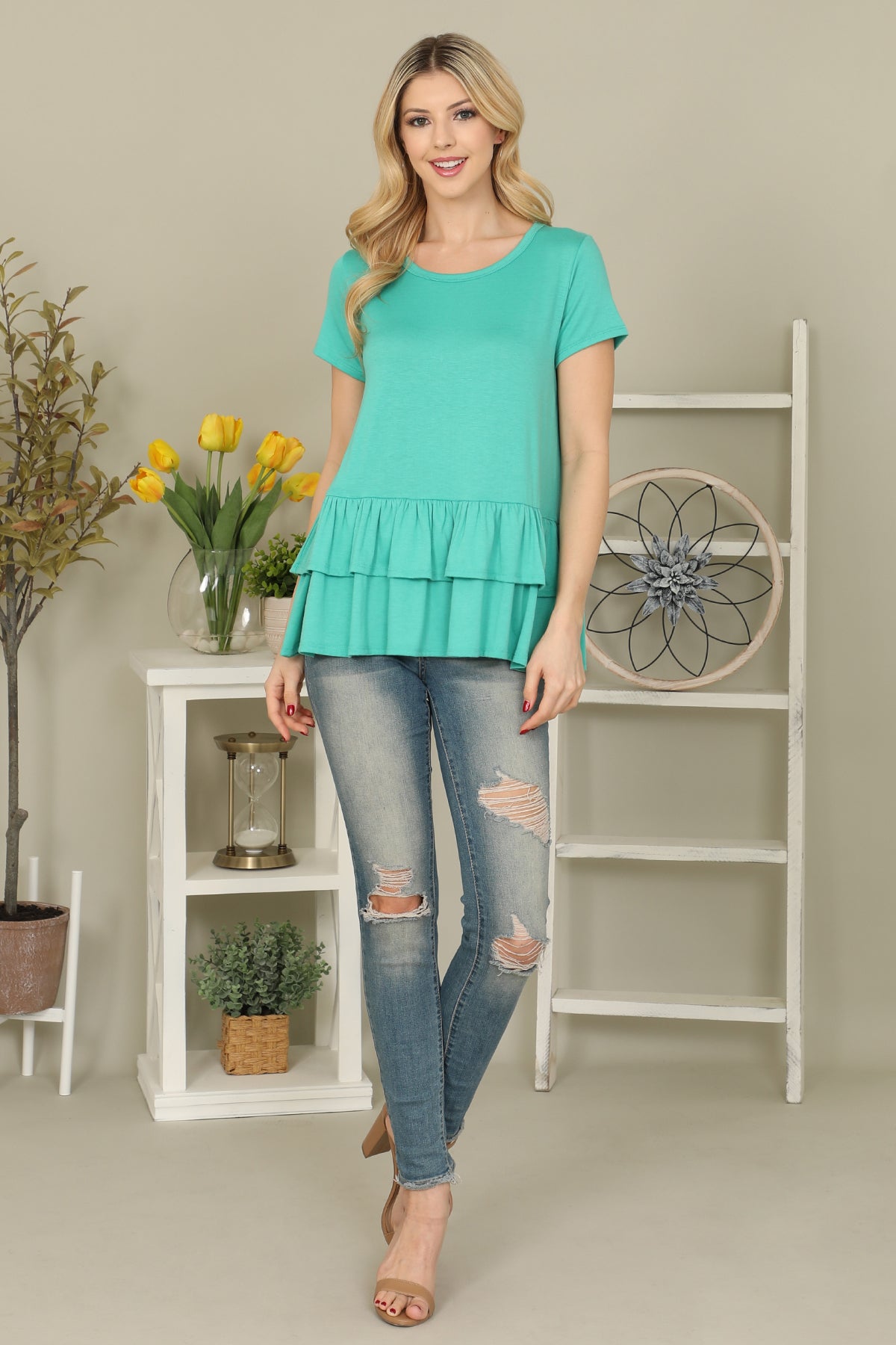 Short Sleeve Layered Ruffle Hem Solid Top