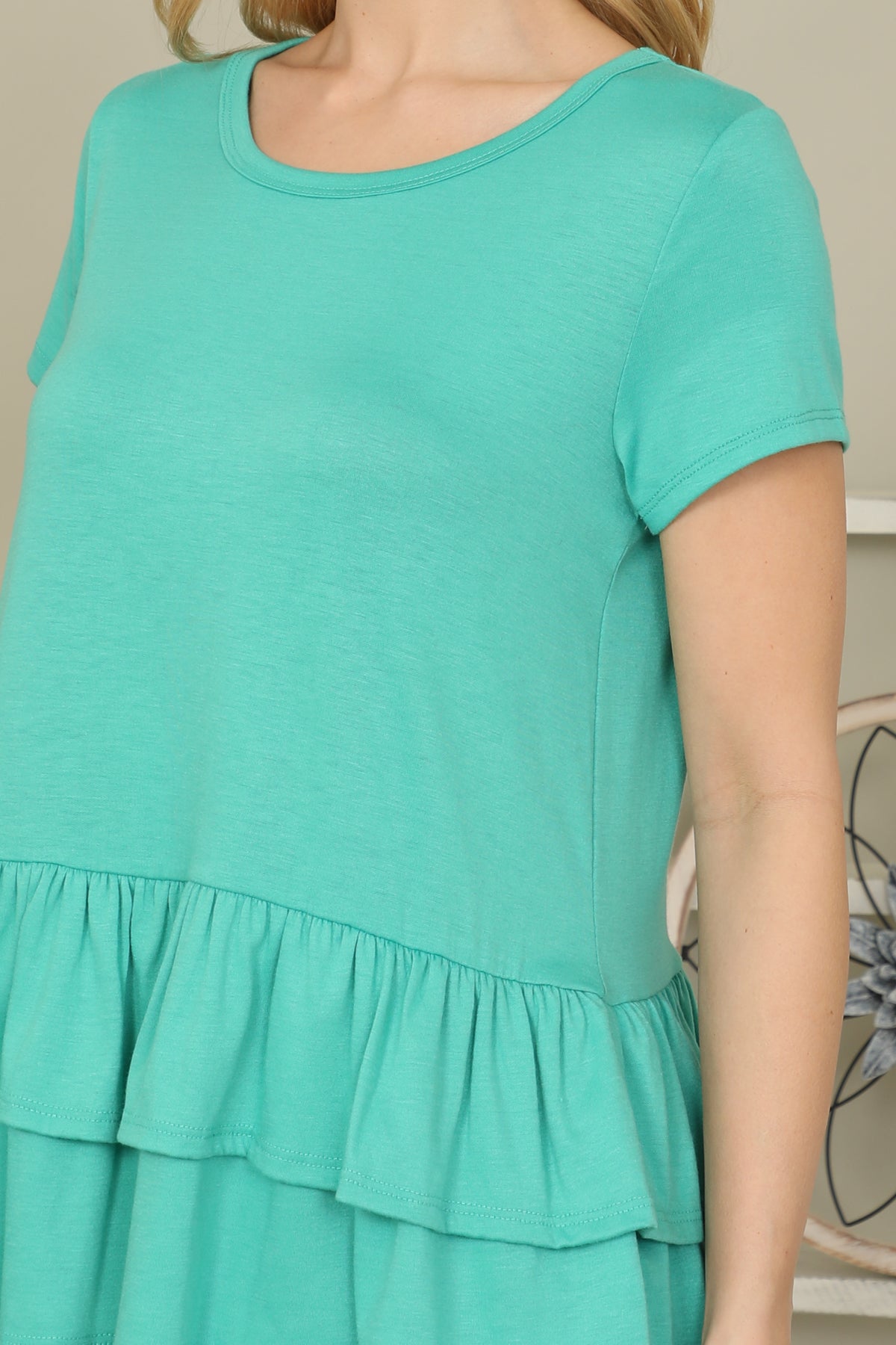 Short Sleeve Layered Ruffle Hem Solid Top
