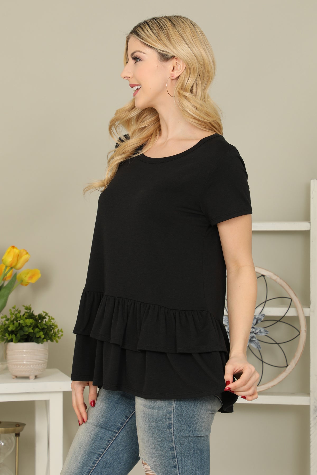 Short Sleeve Layered Ruffle Hem Solid Top