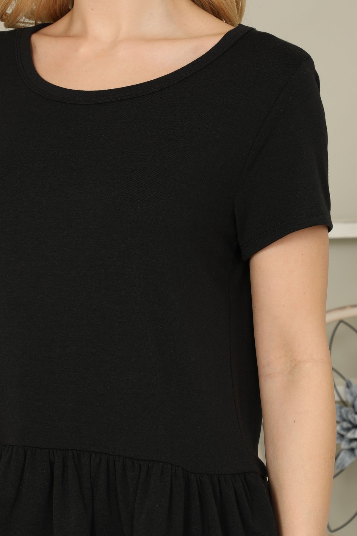 Short Sleeve Layered Ruffle Hem Solid Top