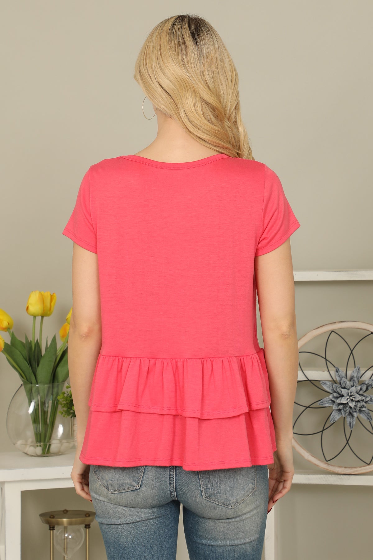 Short Sleeve Layered Ruffle Hem Solid Top