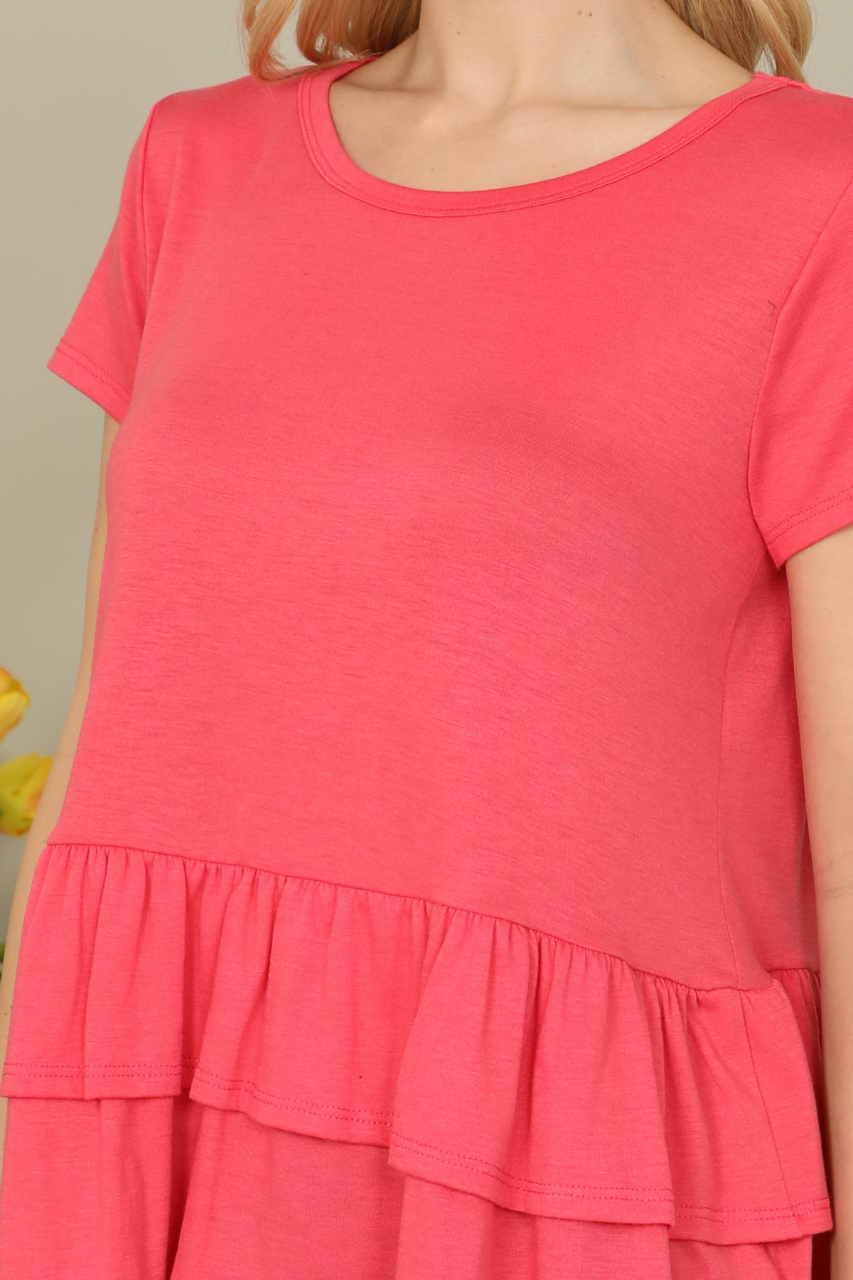 Short Sleeve Layered Ruffle Hem Solid Top
